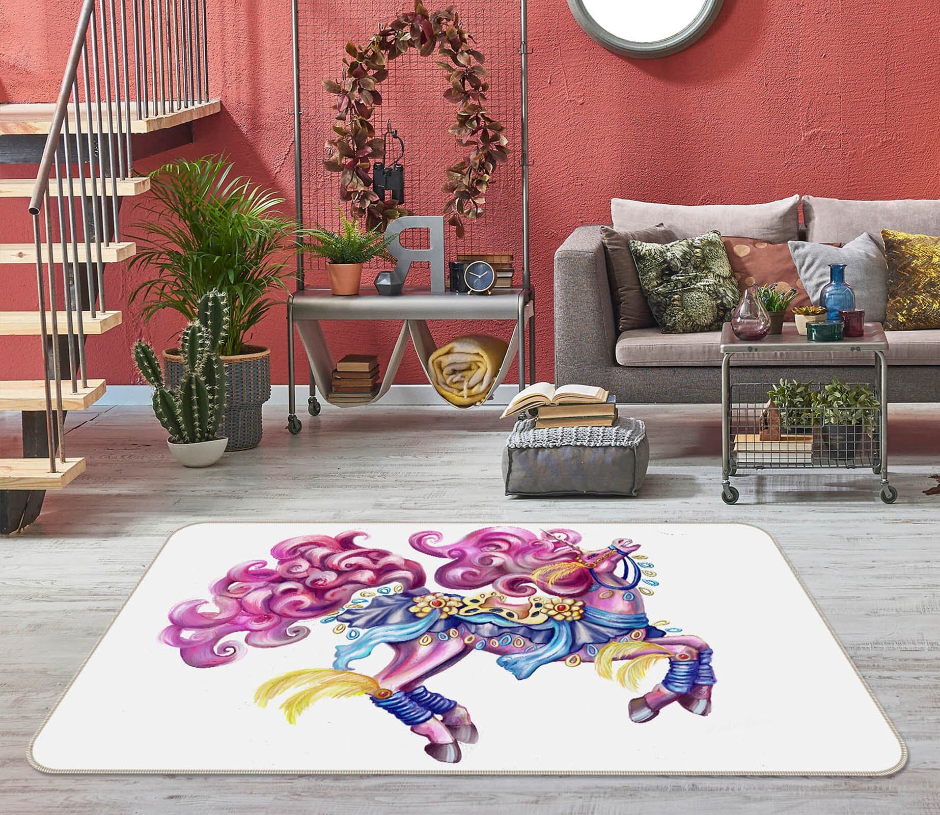 3D Curly Unicorn 3011 Rose Catherine Khan Rug Non Slip Rug Mat Mat AJ Creativity Home 