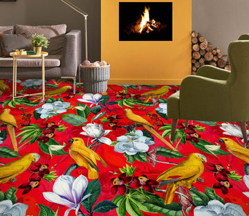 3D Yellow Bird Red Pattern Flowers 99222 Uta Naumann Floor Mural