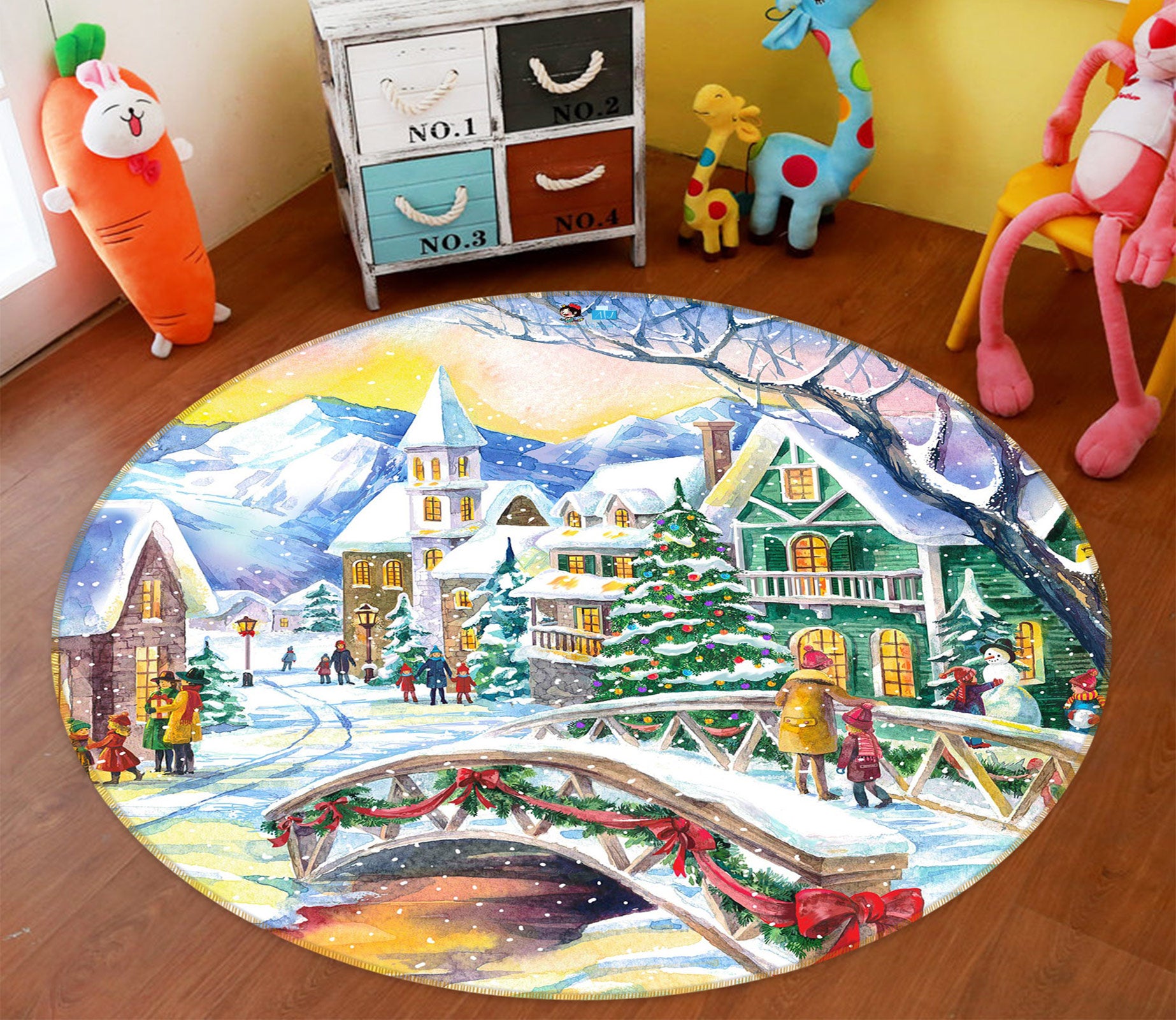 3D Snow House Bridge 54081 Christmas Round Non Slip Rug Mat Xmas