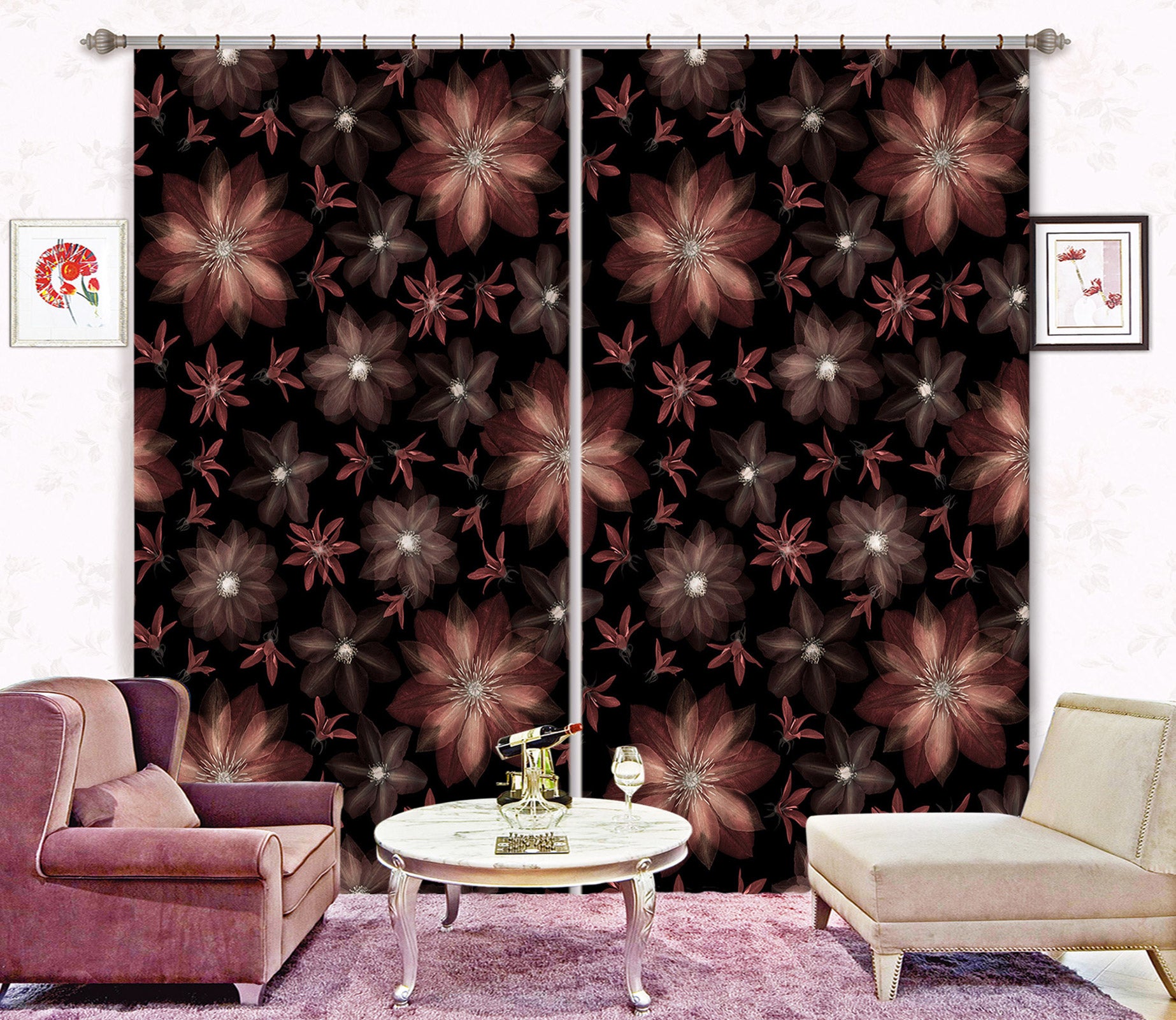 3D RedFlower 100 Assaf Frank Curtain Curtains Drapes