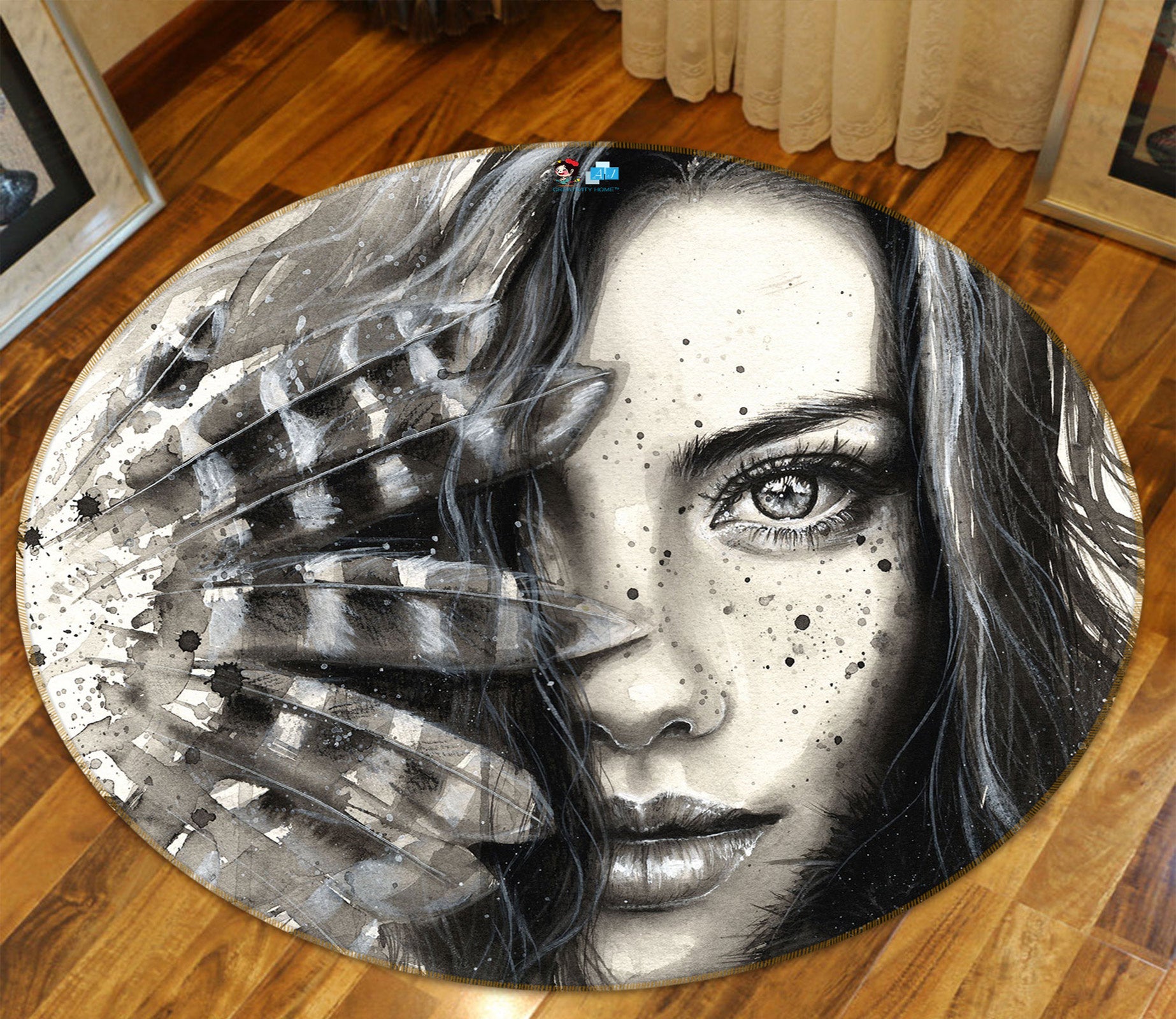 3D Black White Girl 72180 Round Non Slip Rug Mat
