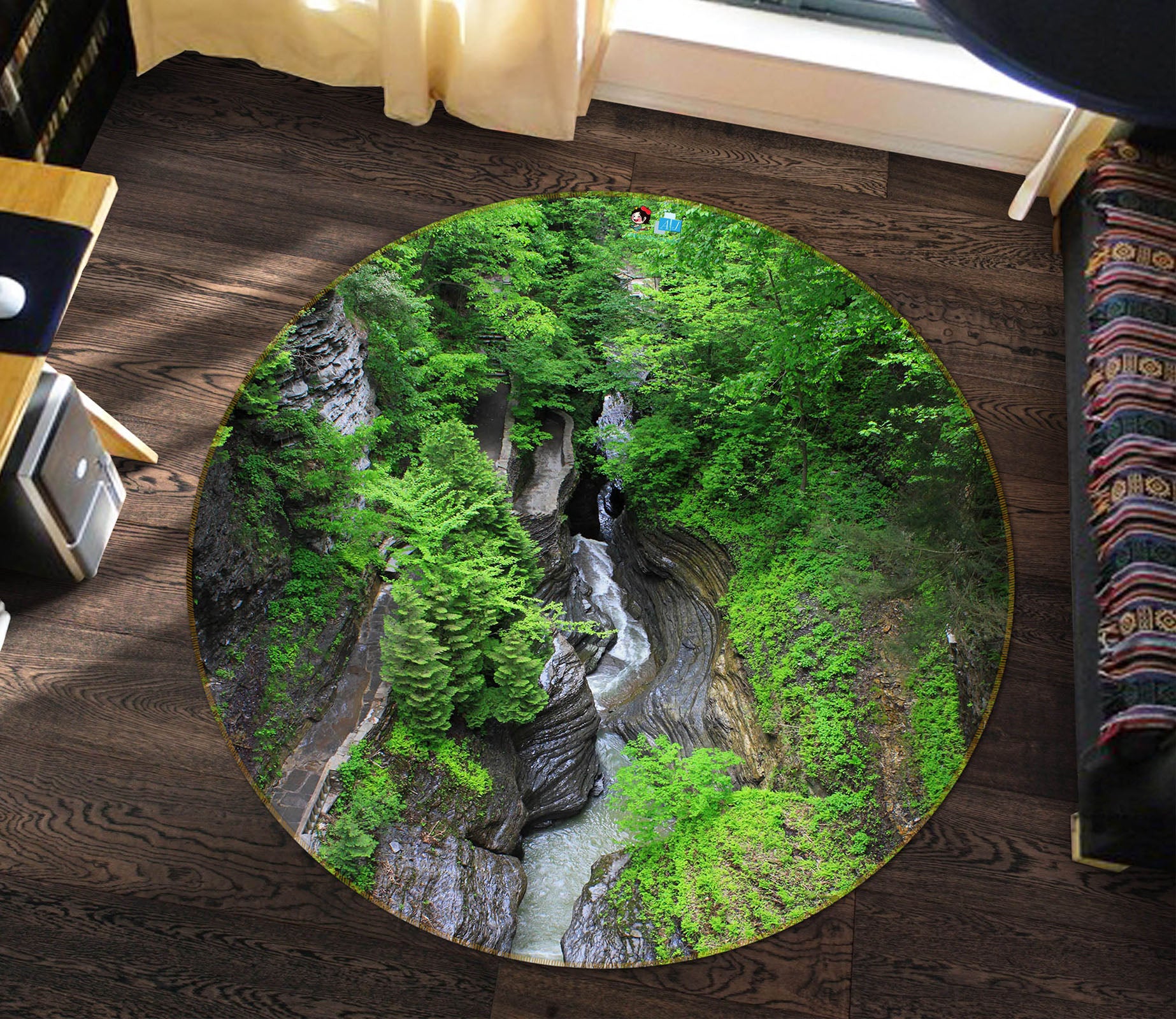3D Jungle Mountain Stream 74075 Round Non Slip Rug Mat