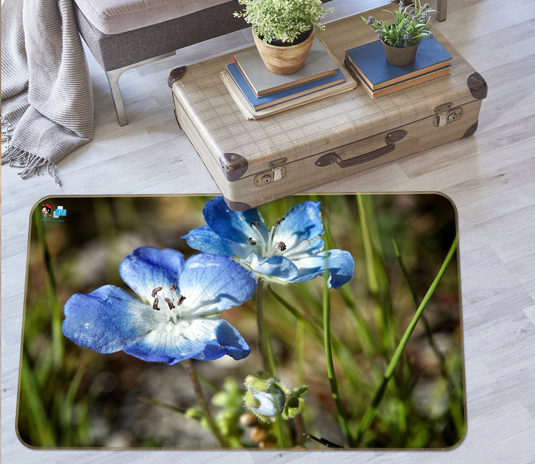 3D Blue Flowers 62036 Kathy Barefield Rug Non Slip Rug Mat