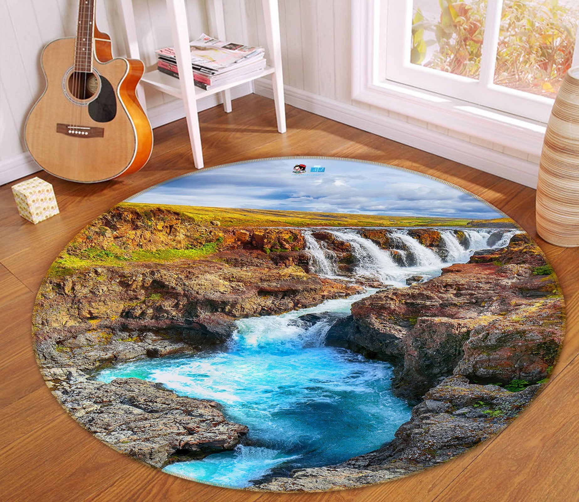 3D Sea Stone Running Water 69143 Round Non Slip Rug Mat