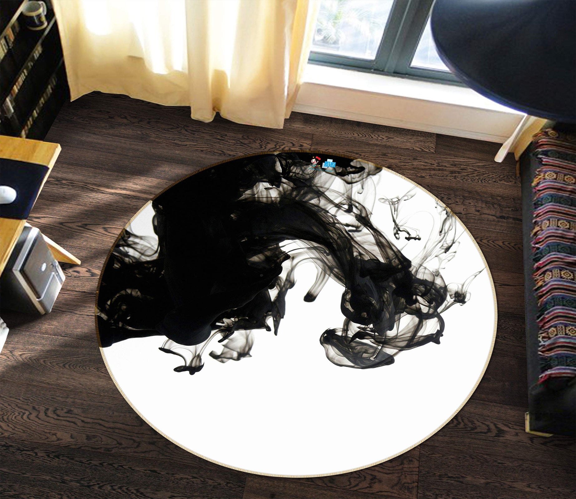 3D Black White Ink 80266 Round Non Slip Rug Mat