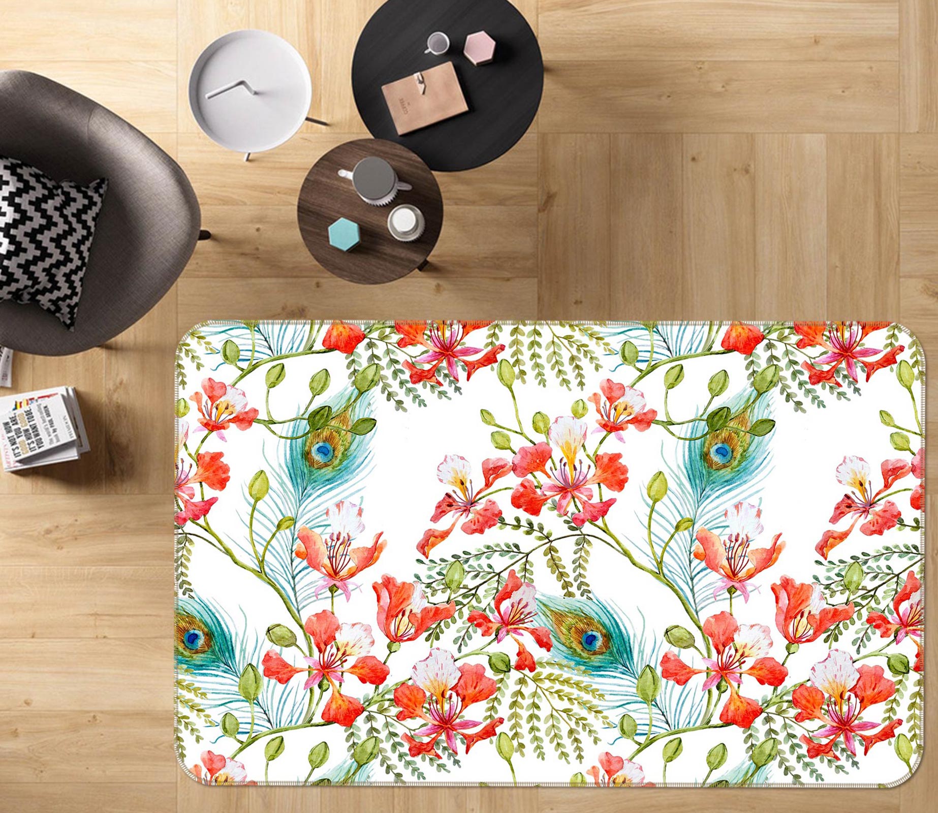 3D Flower Peacock Feather 37045 Non Slip Rug Mat
