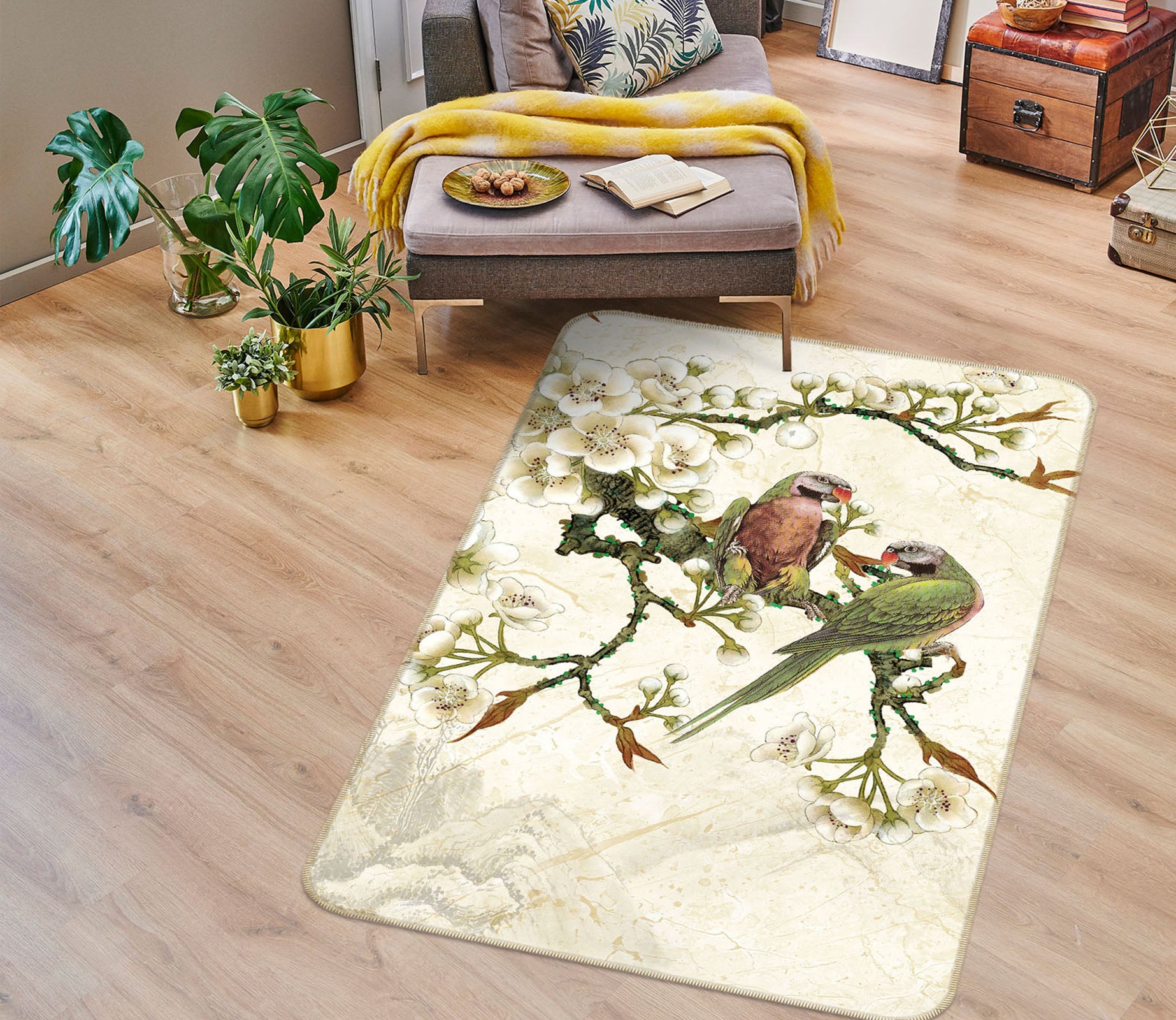 3D Flower Branch Bird 27157 Non Slip Rug Mat