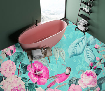 3D Pink Flower Bird Blue 104153 Andrea Haase Floor Mural
