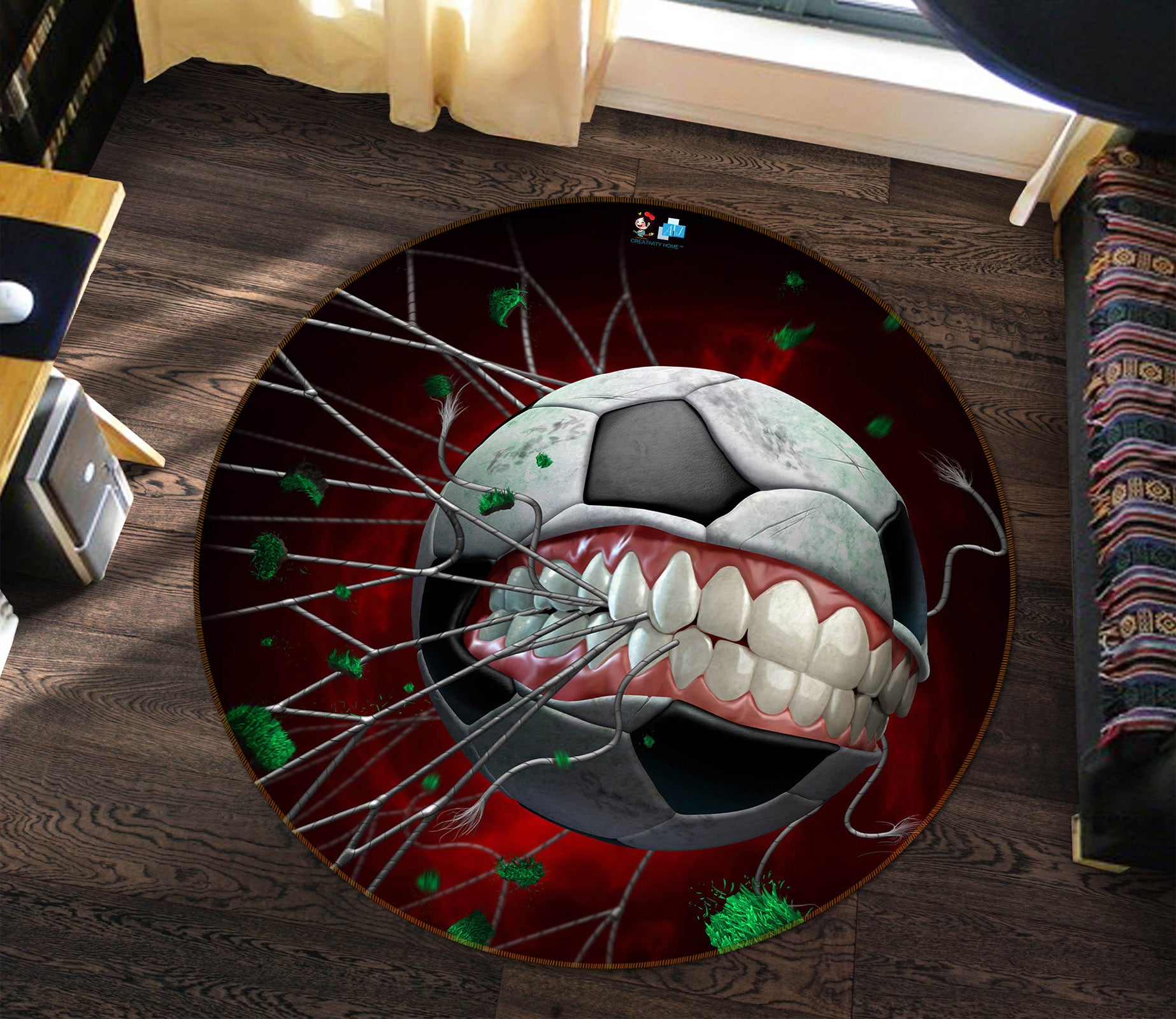 3D Teeth Football 4154 Tom Wood Rug Round Non Slip Rug Mat