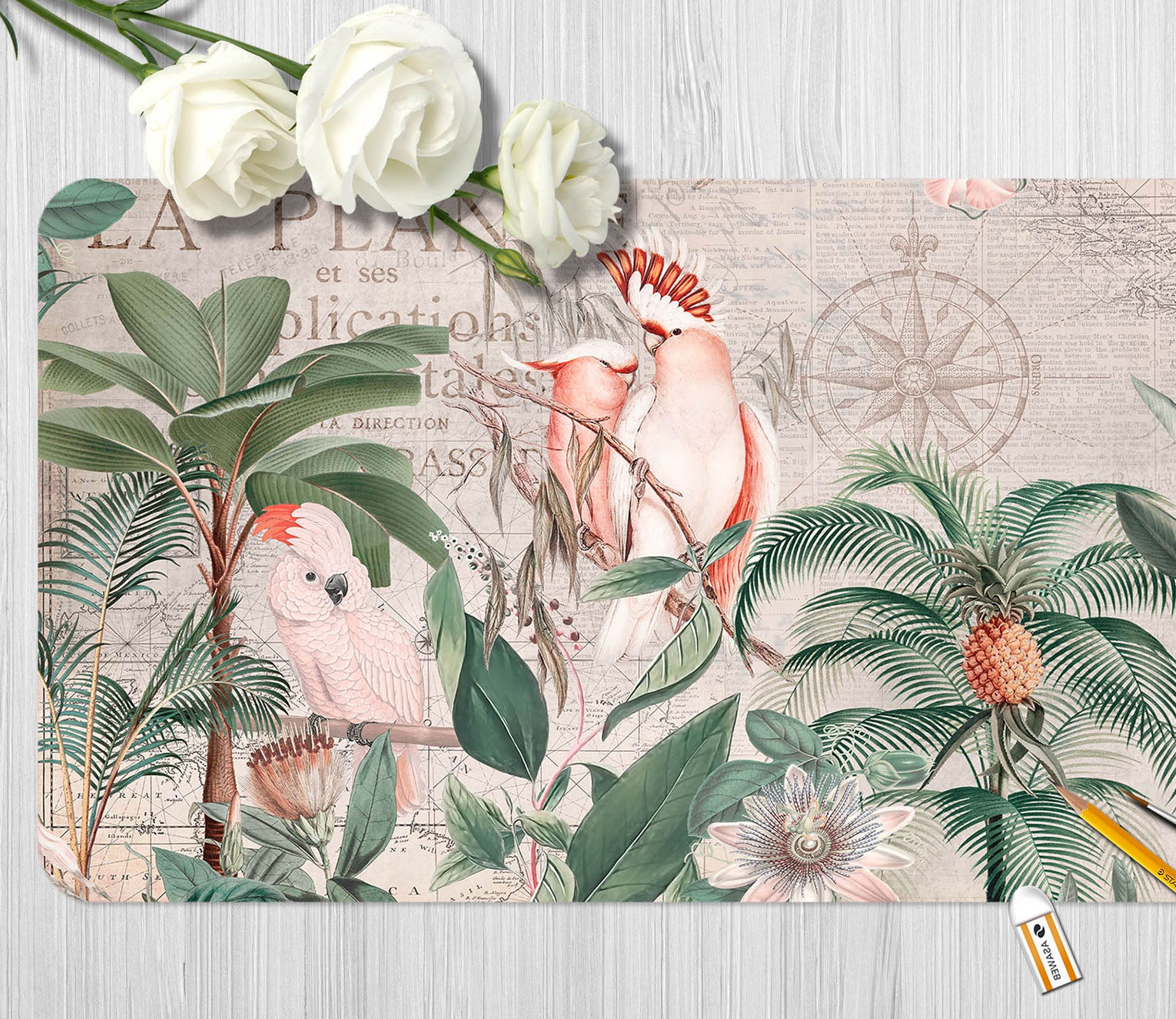 3D Pink Parrot Leaves 5242 Andrea Haase Desk Mat