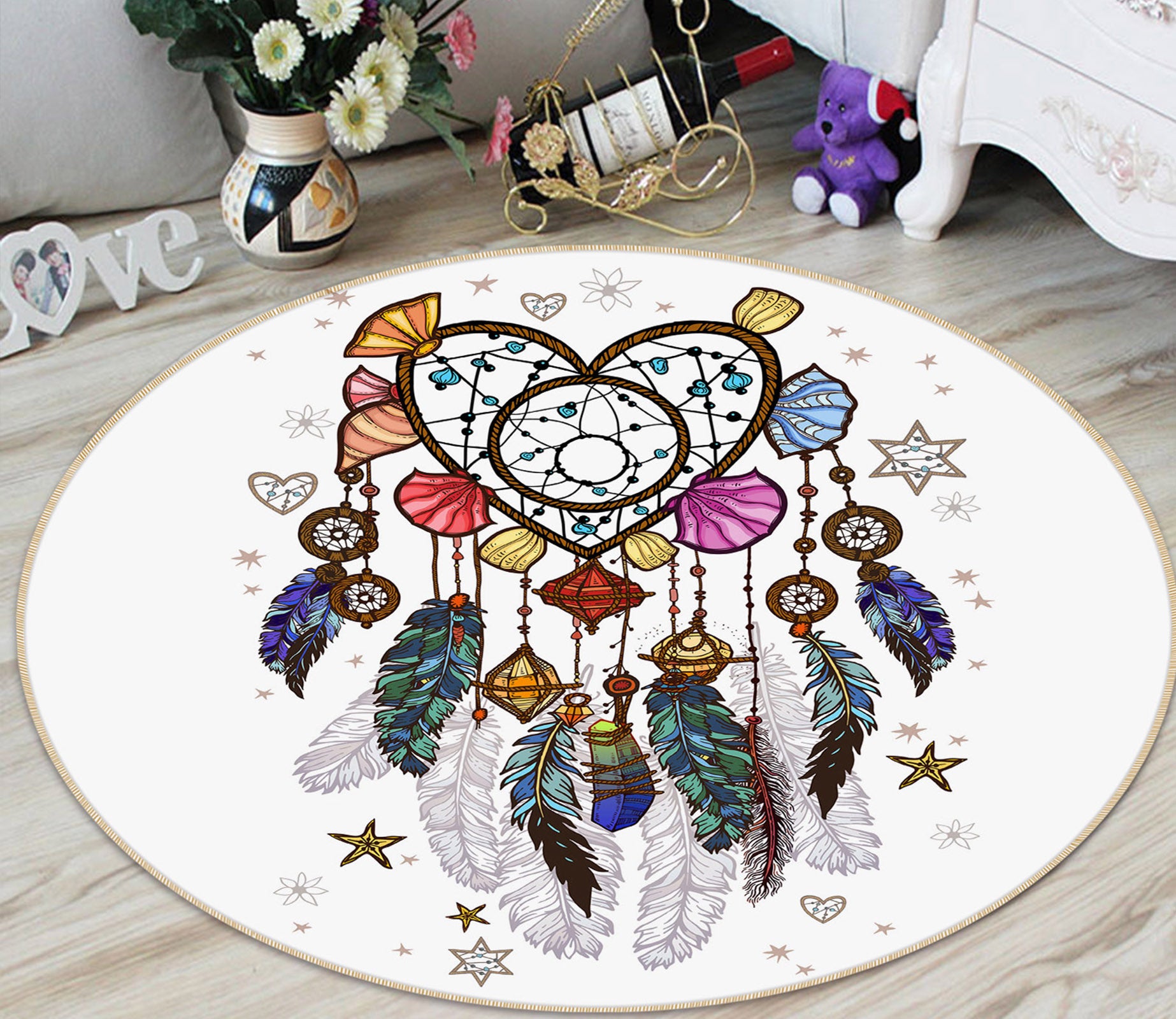 3D Heart-Shaped Dream Catcher 29056 Round Non Slip Rug Mat