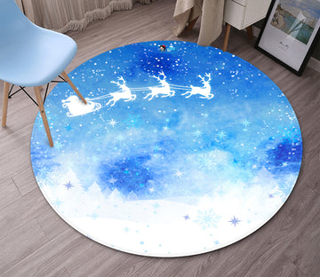 3D Blue Starry Sleigh Deer 66029 Christmas Round Non Slip Rug Mat Xmas