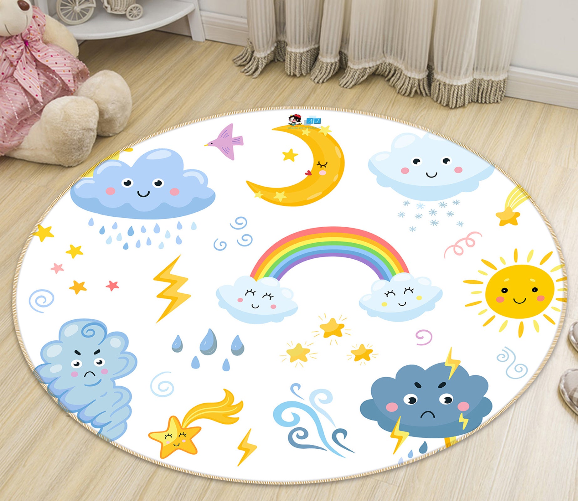 3D Clouds Rainbow Moon Sun 81147 Round Non Slip Rug Mat