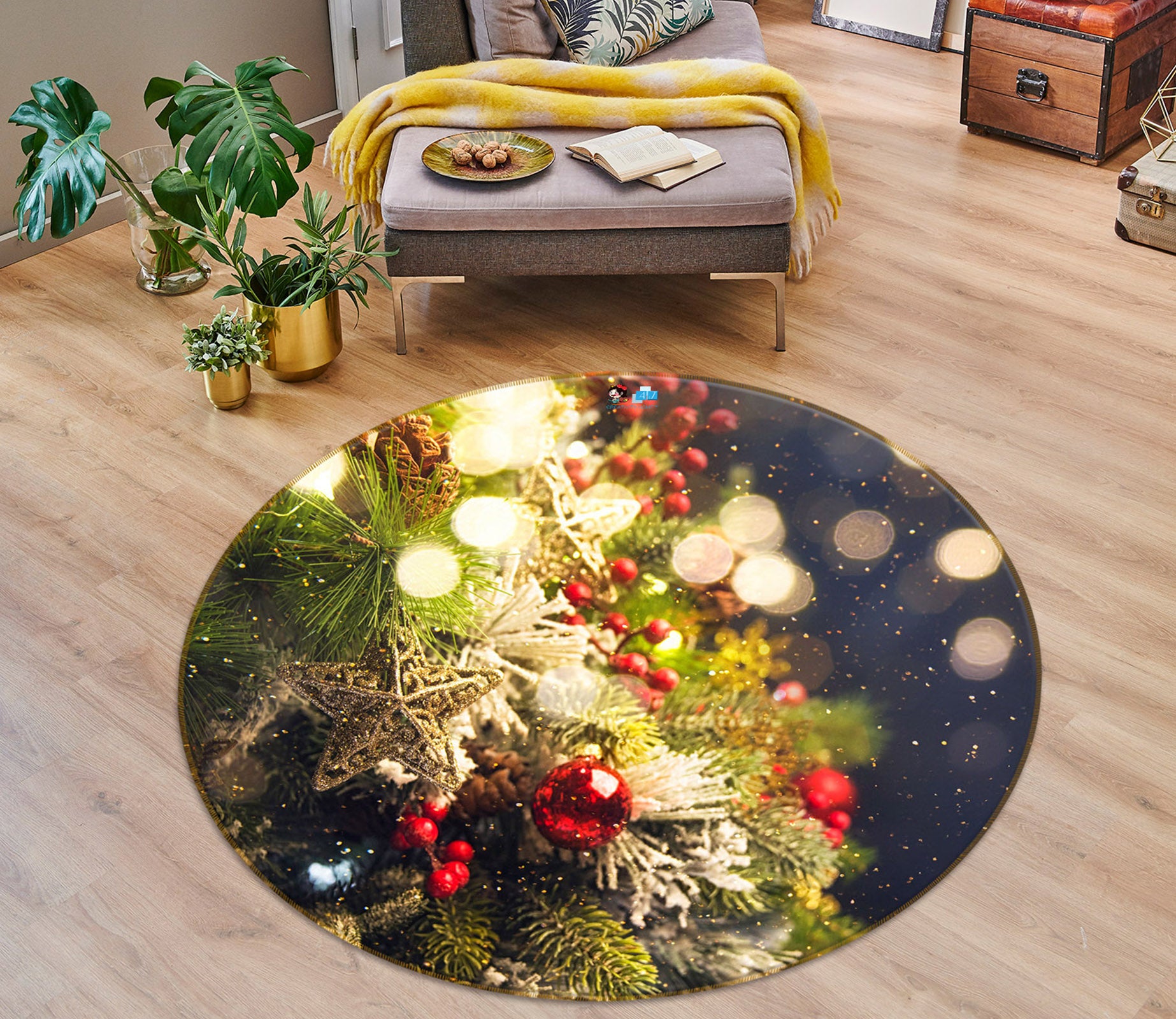 3D Tree Pendant 54193 Christmas Round Non Slip Rug Mat Xmas