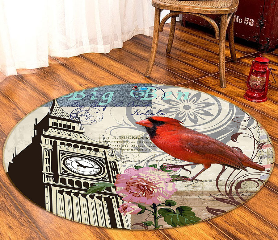 3D Clock Bird Flower 66209 Round Non Slip Rug Mat