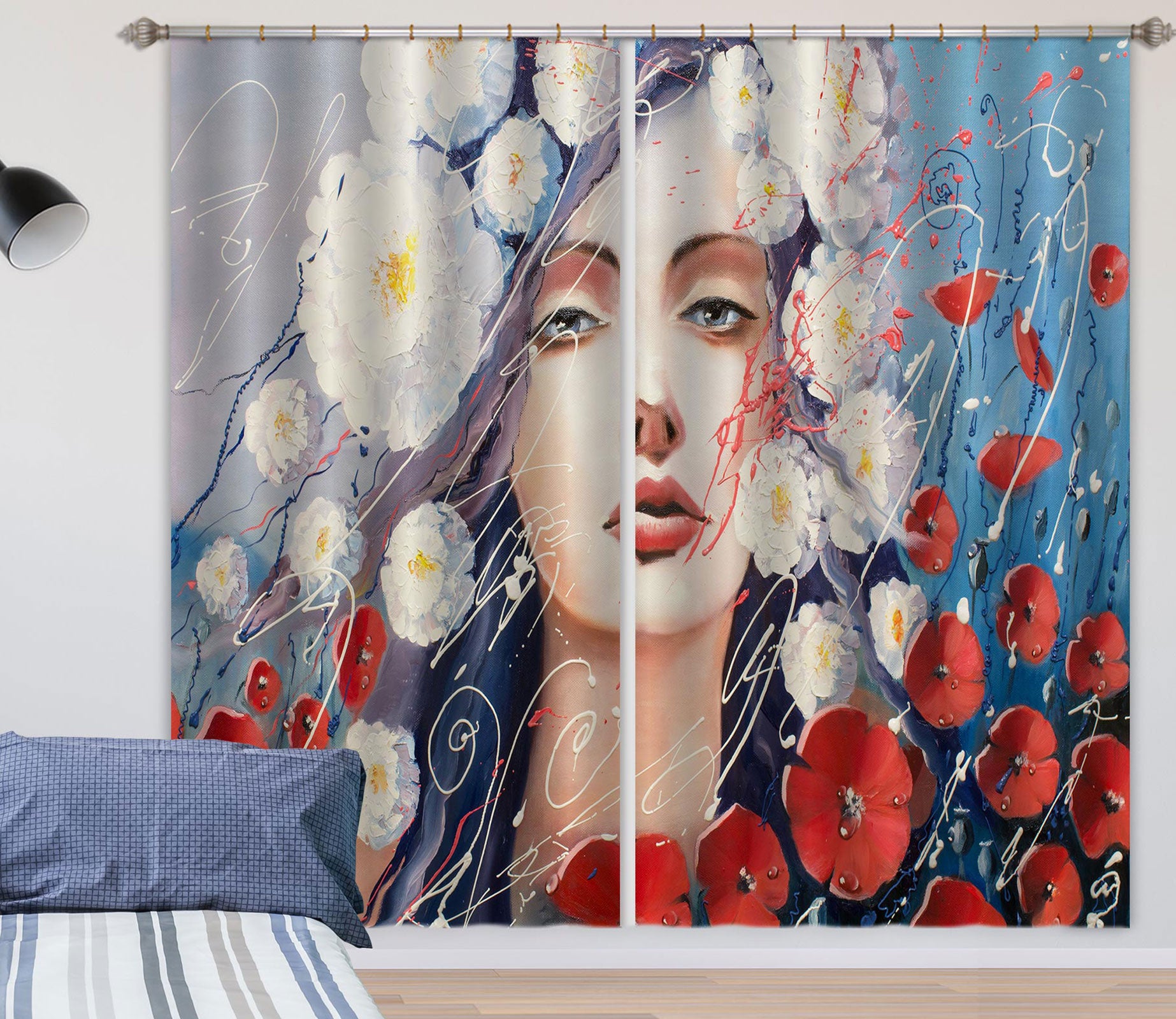 3D White Flower Girl 024 Curtains Drapes