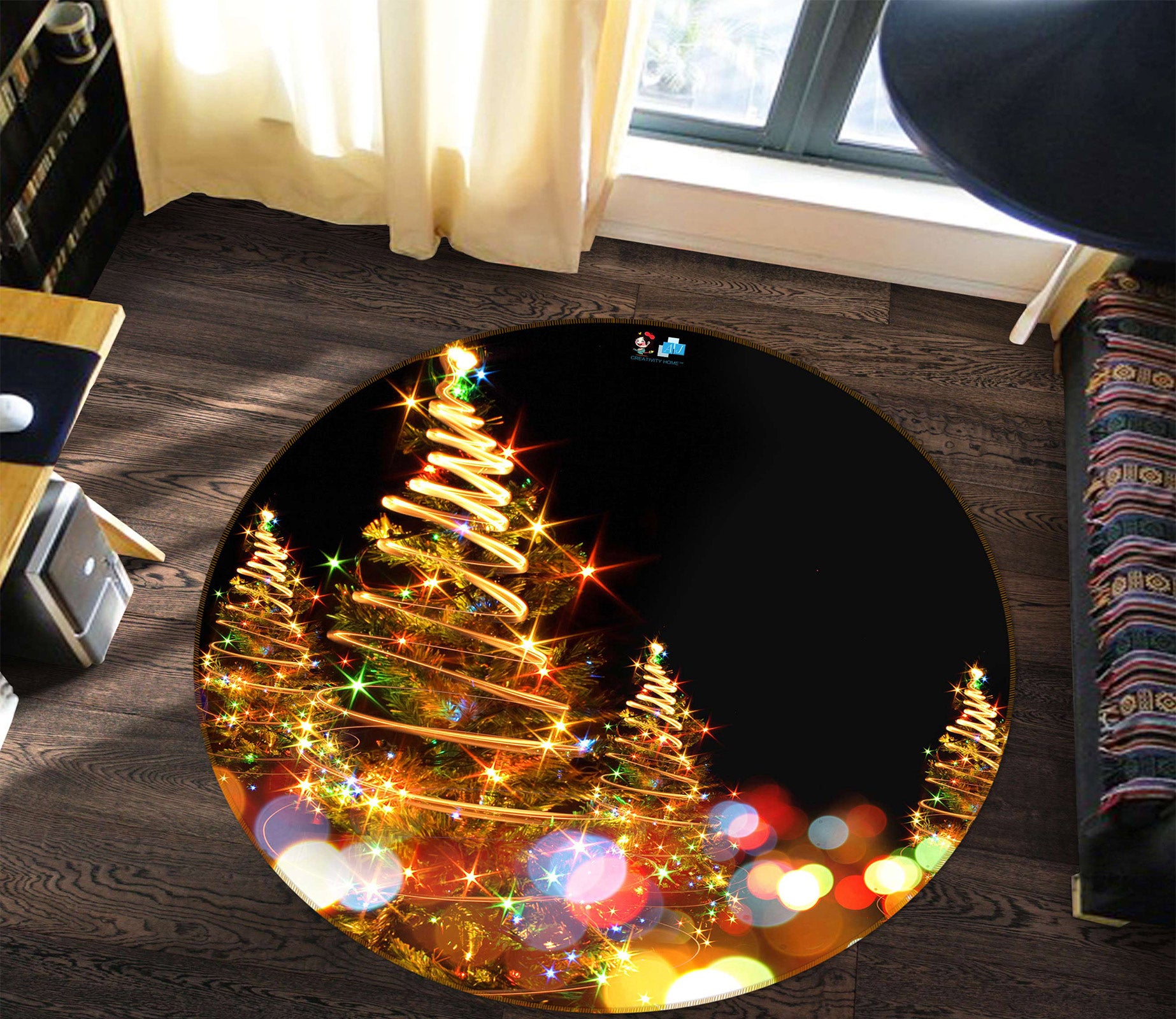 3D Colored Lights Tree 54006 Christmas Round Non Slip Rug Mat Xmas