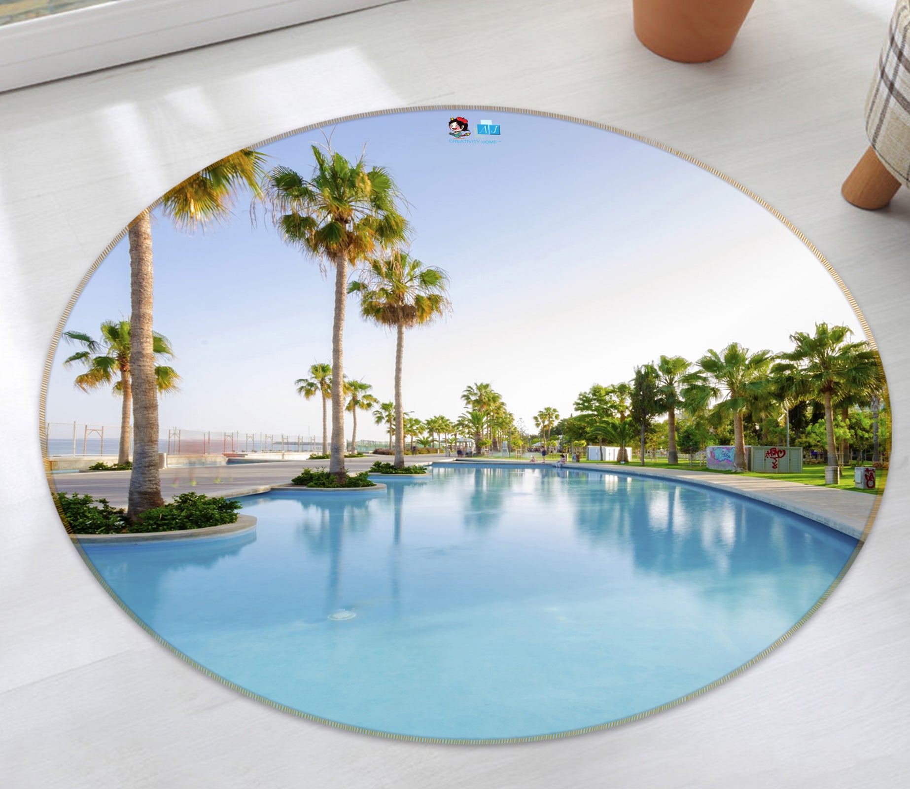3D Swimming Pool Coconut Tree 74147 Round Non Slip Rug Mat