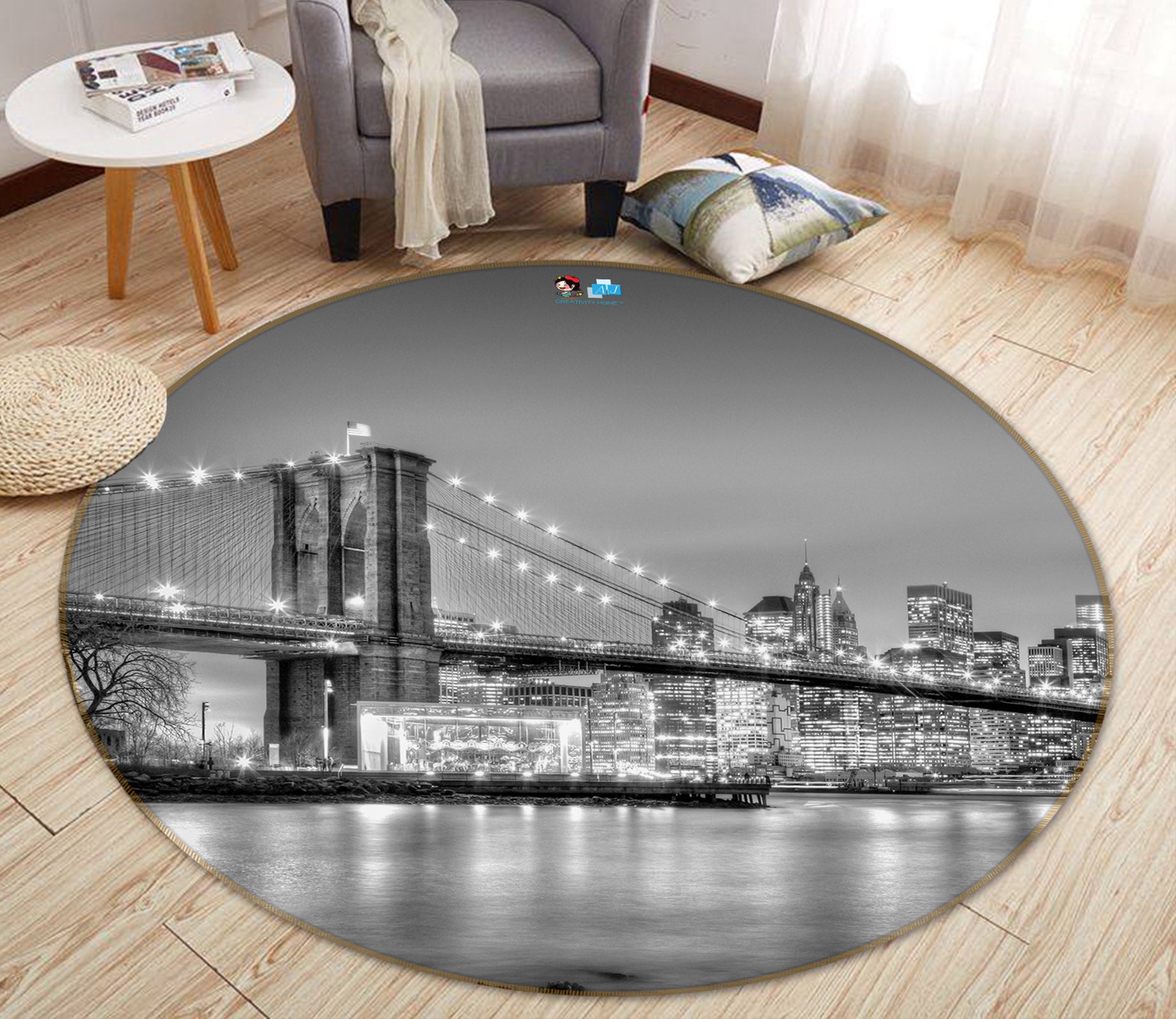 3D Black White Bridge 73025 Round Non Slip Rug Mat