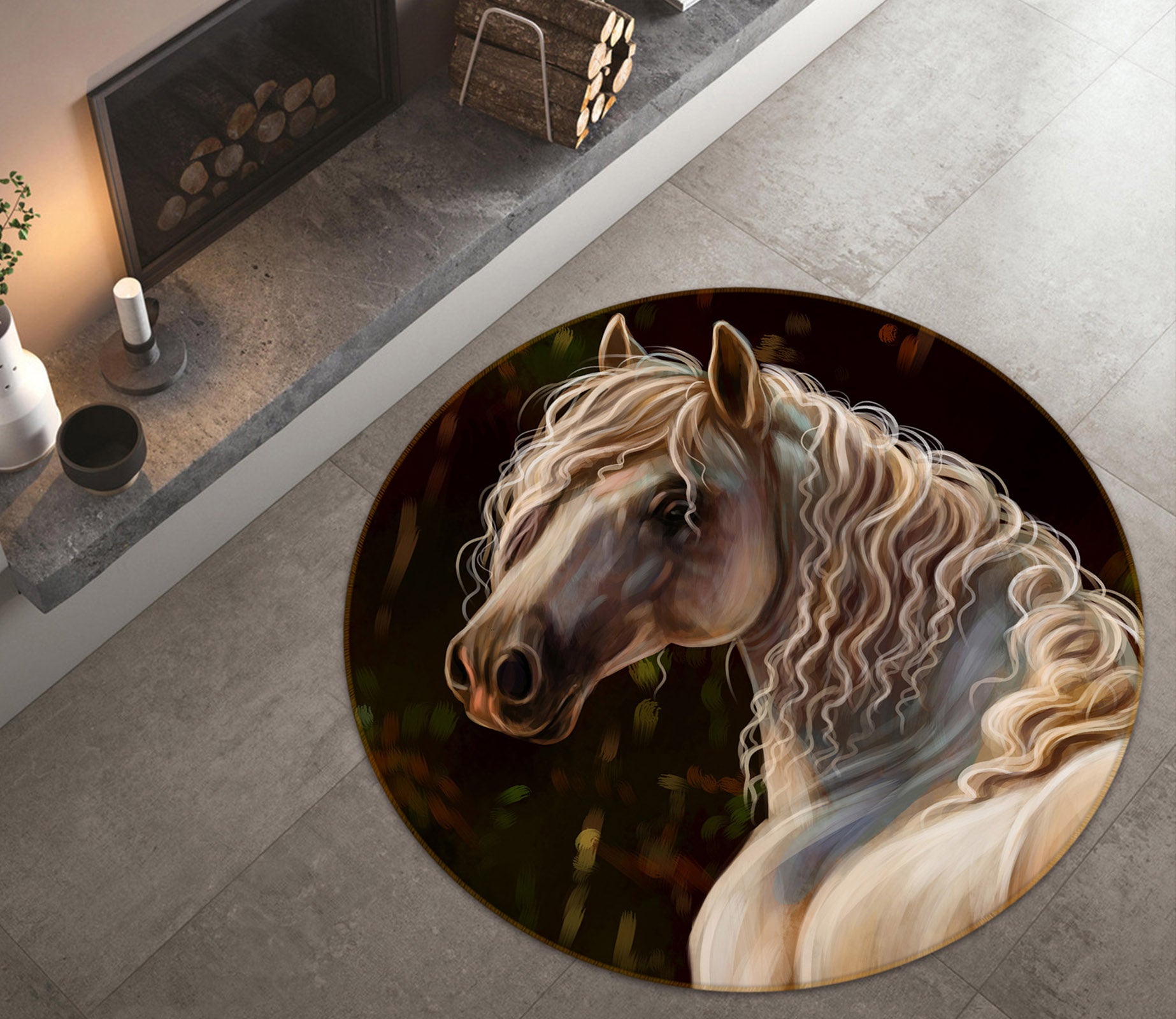 3D White Horse 37162 Animal Round Non Slip Rug Mat