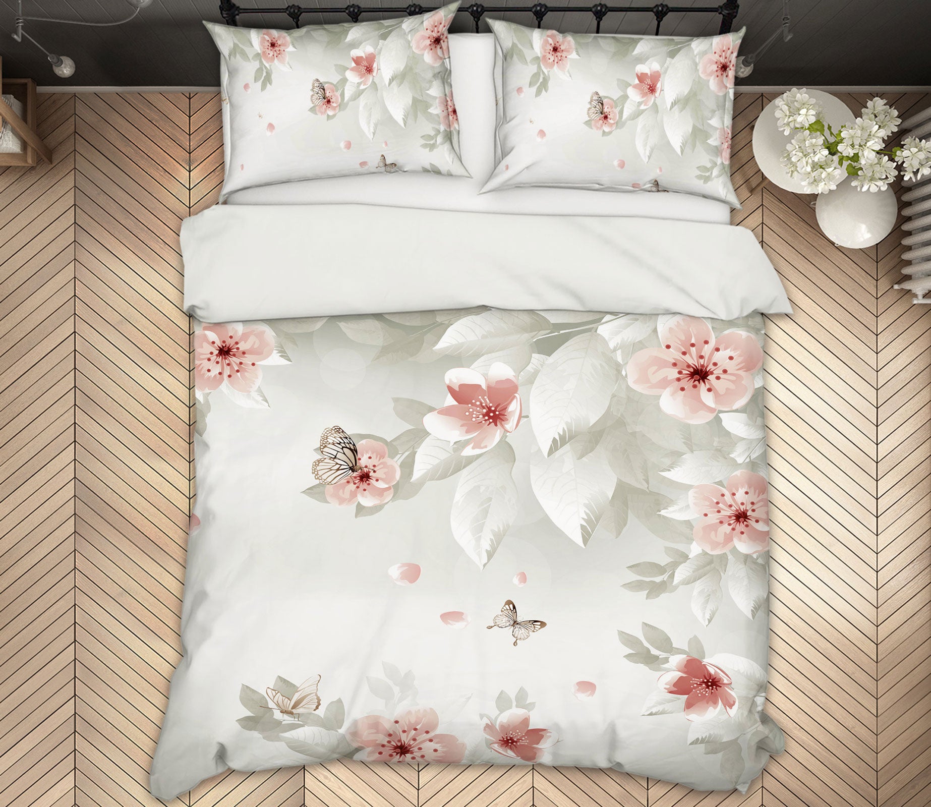 3D White Flowers 13014 Bed Pillowcases Quilt