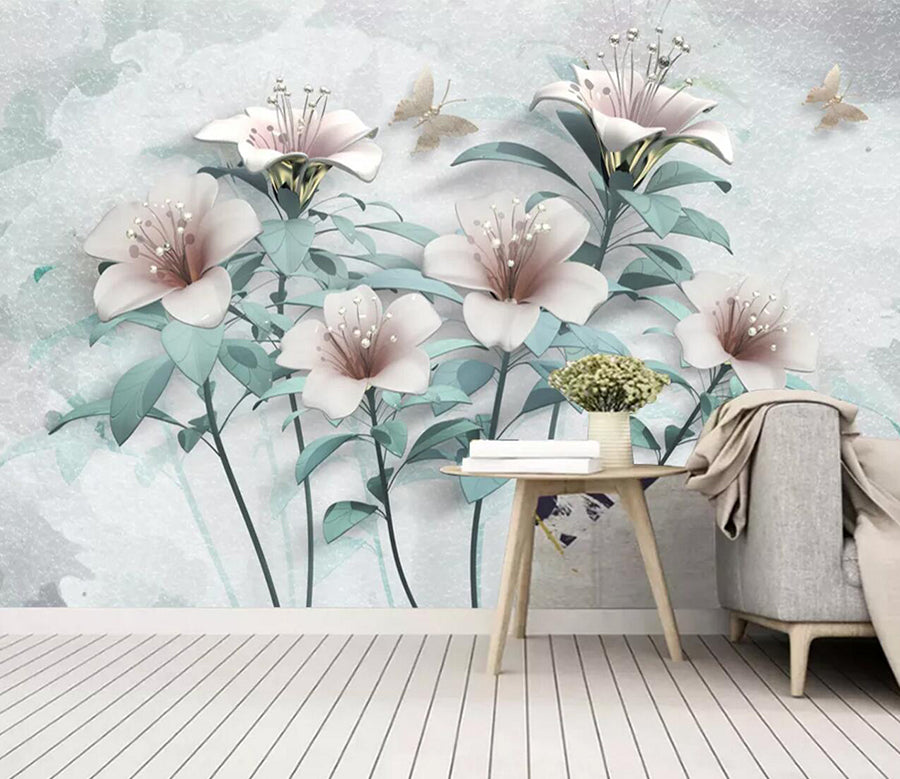 3D Pink Lily Butterfly WC2723 Wall Murals