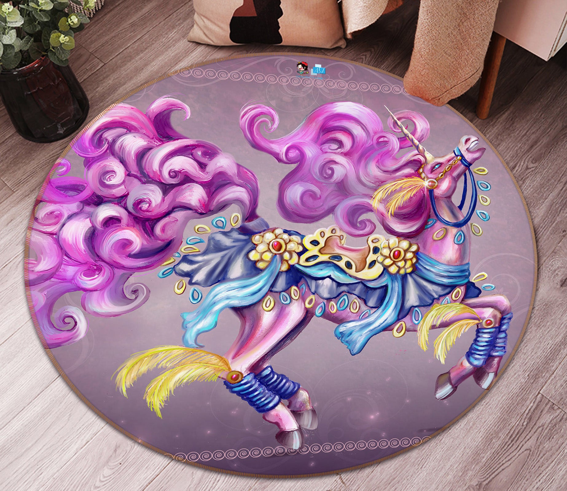 3D Unicorn Pattern 83164 Rose Catherine Khan Rug Round Non Slip Rug Mat