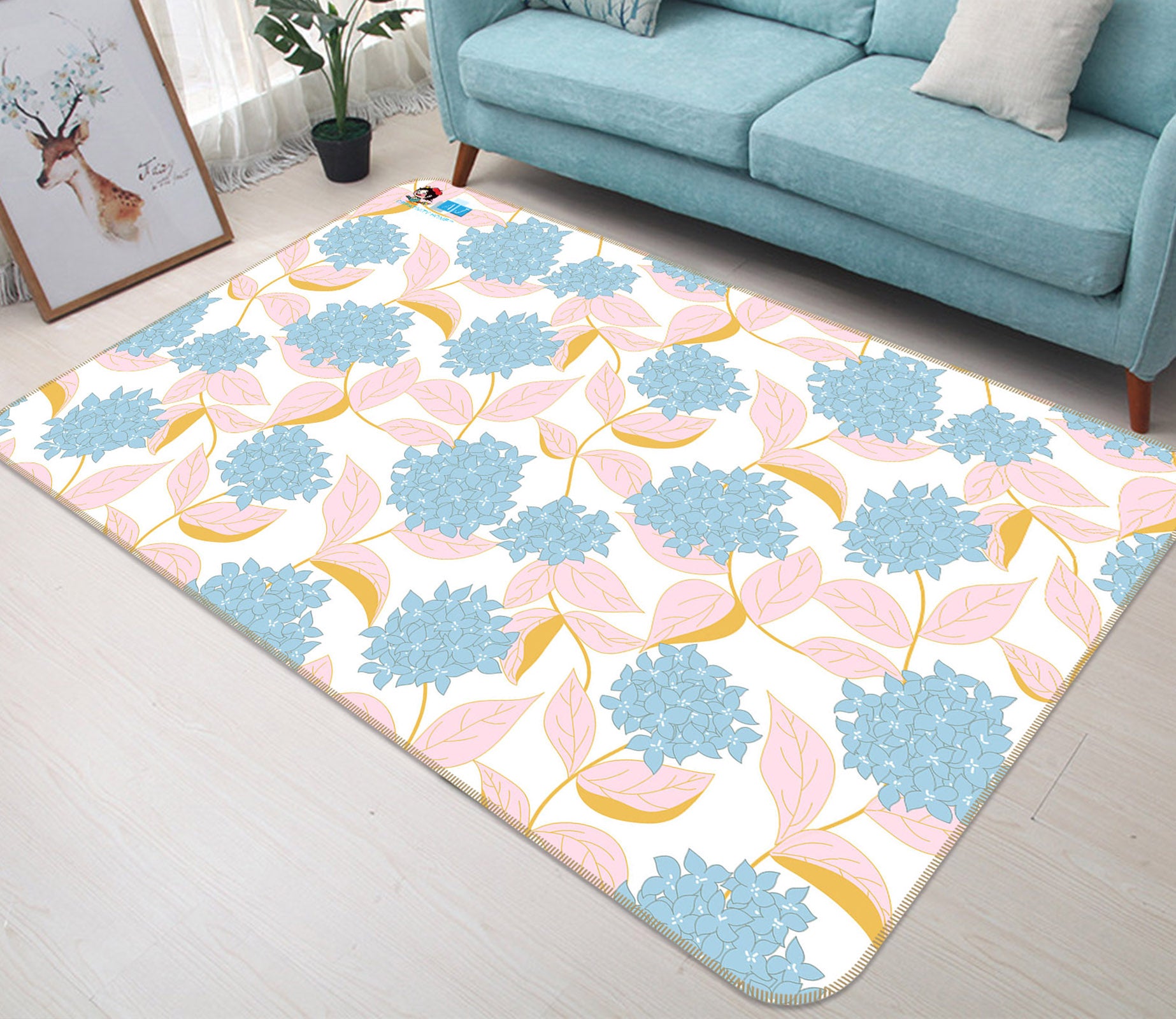 3D Blue Flowers Pink Leaves 107107 Kashmira Jayaprakash Rug Non Slip Rug Mat