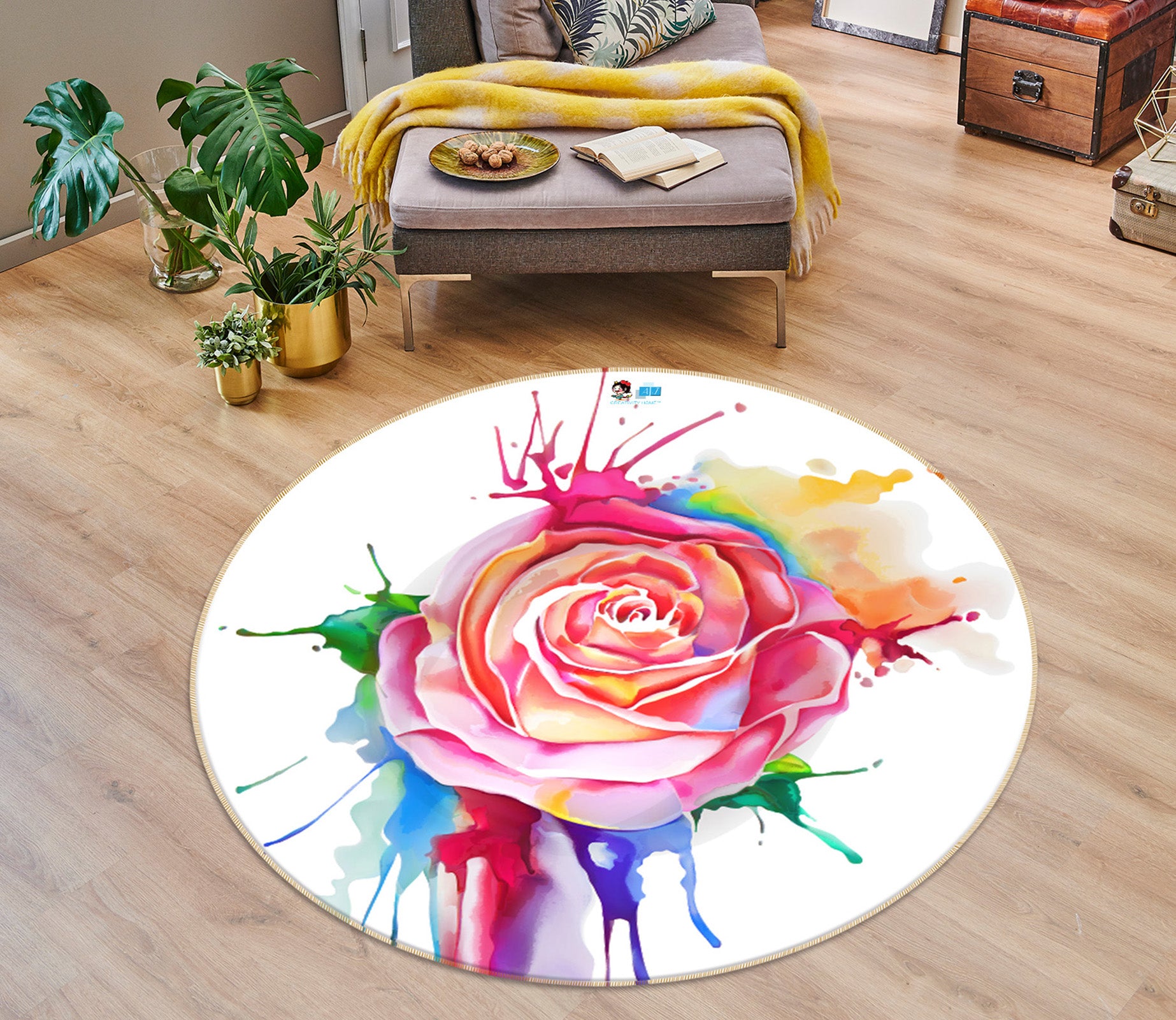 3D Colorful Watercolor Flowers 74225 Round Non Slip Rug Mat