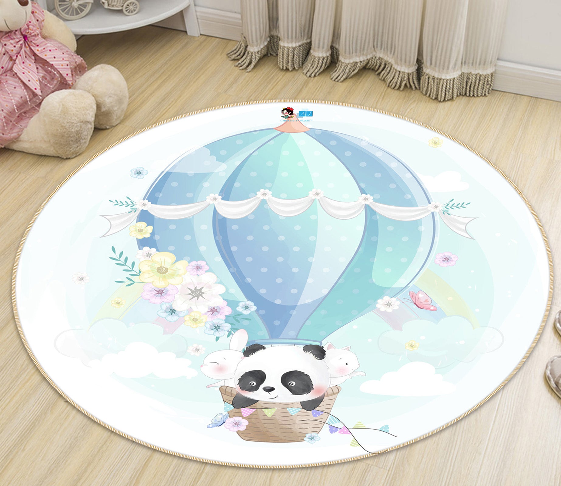 3D Blue Hot Air Balloon Panda 74254 Round Non Slip Rug Mat
