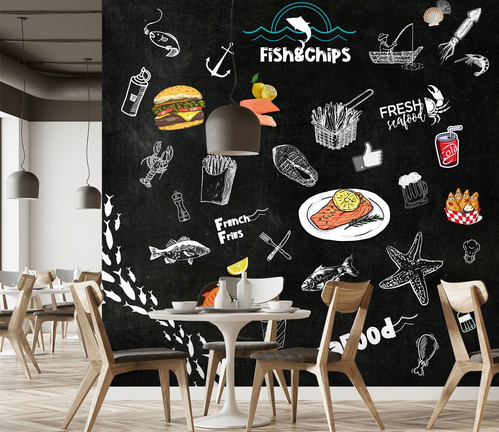 3D stylish blackboard fish chips 01 Wall Murals Wallpaper AJ Wallpaper 2 
