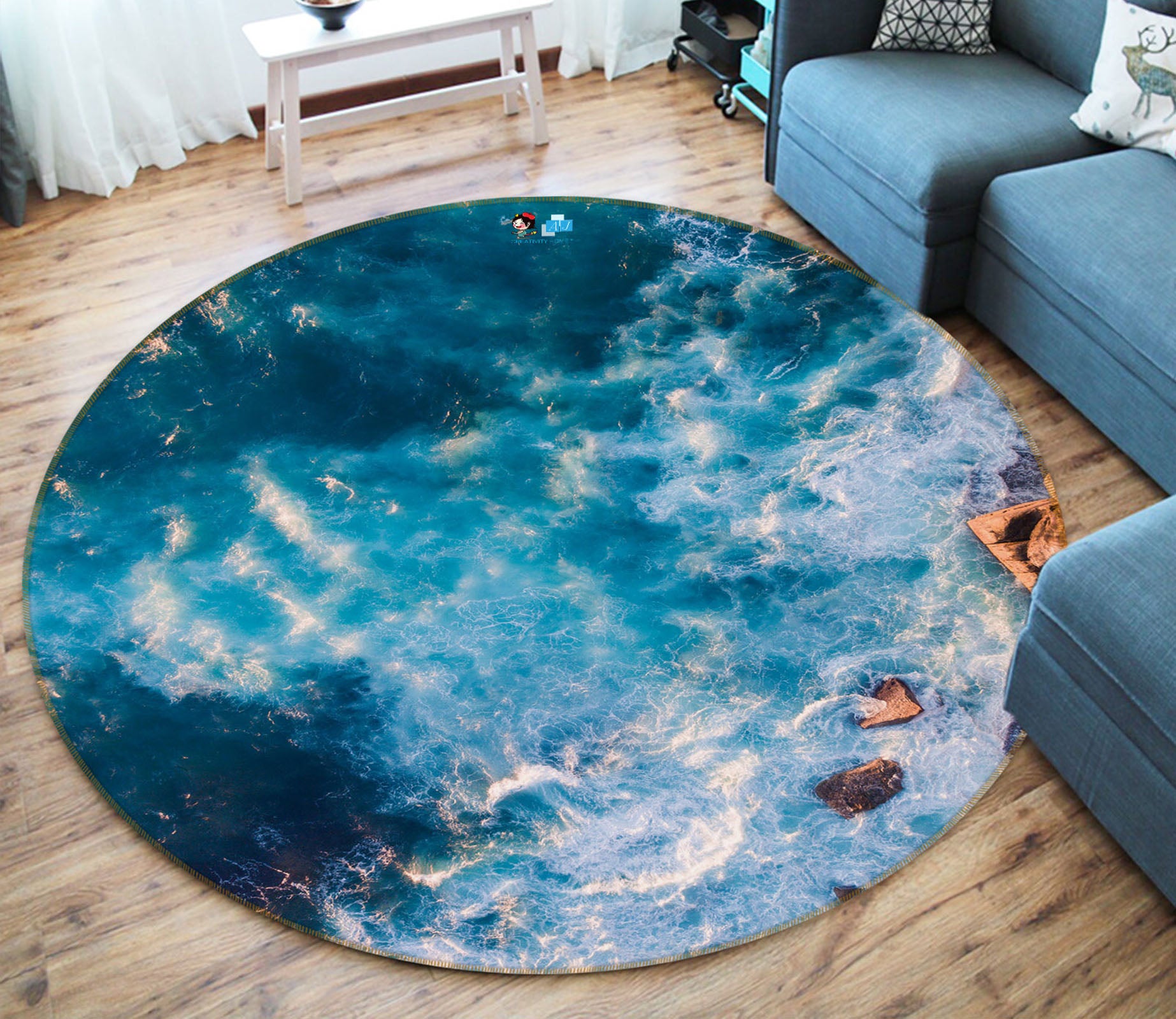 3D Sea Waves 69090 Round Non Slip Rug Mat