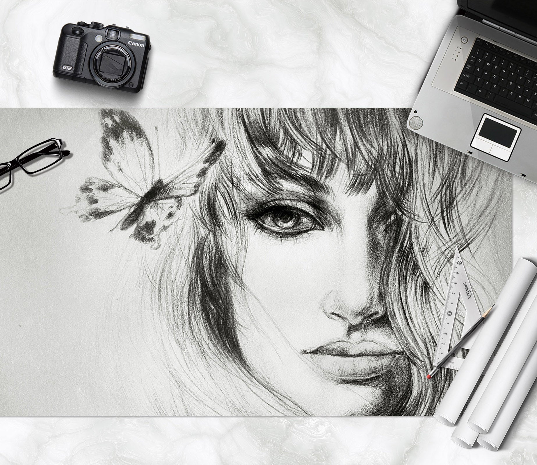 3D Grey Butterfly Girl 17108 Desk Mat