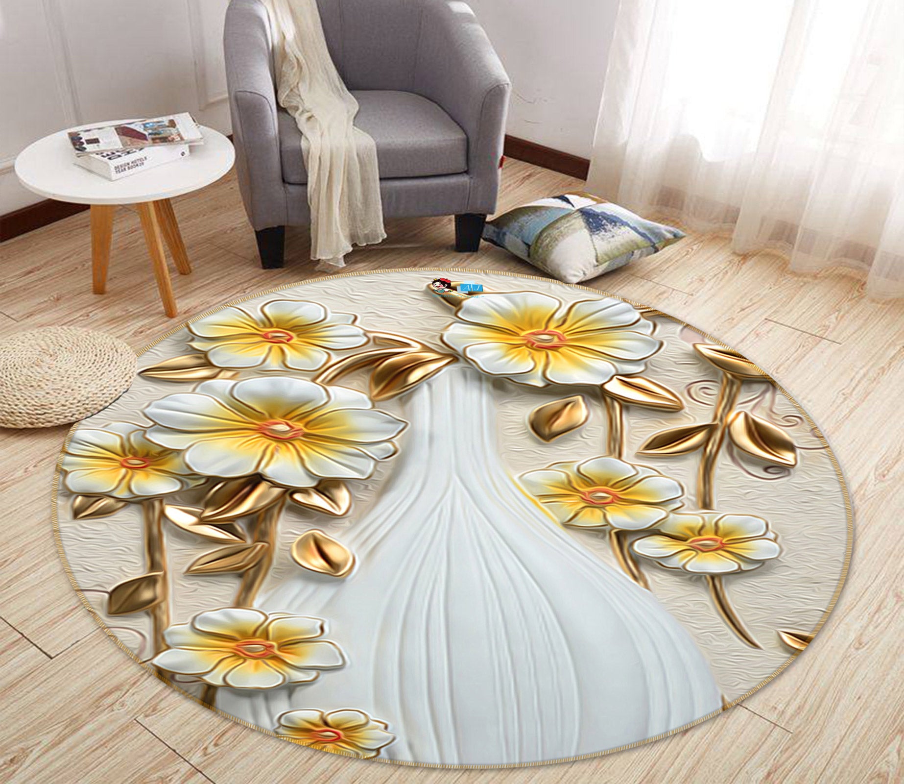 3D Embossed Flower Vase 72215 Round Non Slip Rug Mat