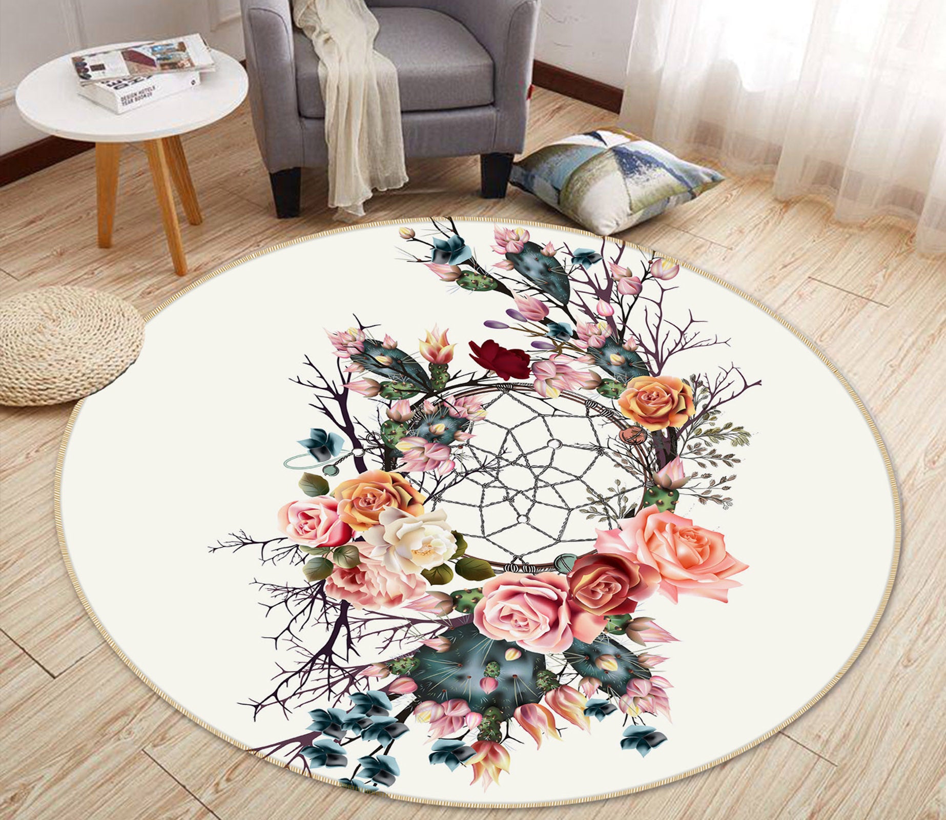 3D Flower Dream Catcher 29037 Round Non Slip Rug Mat