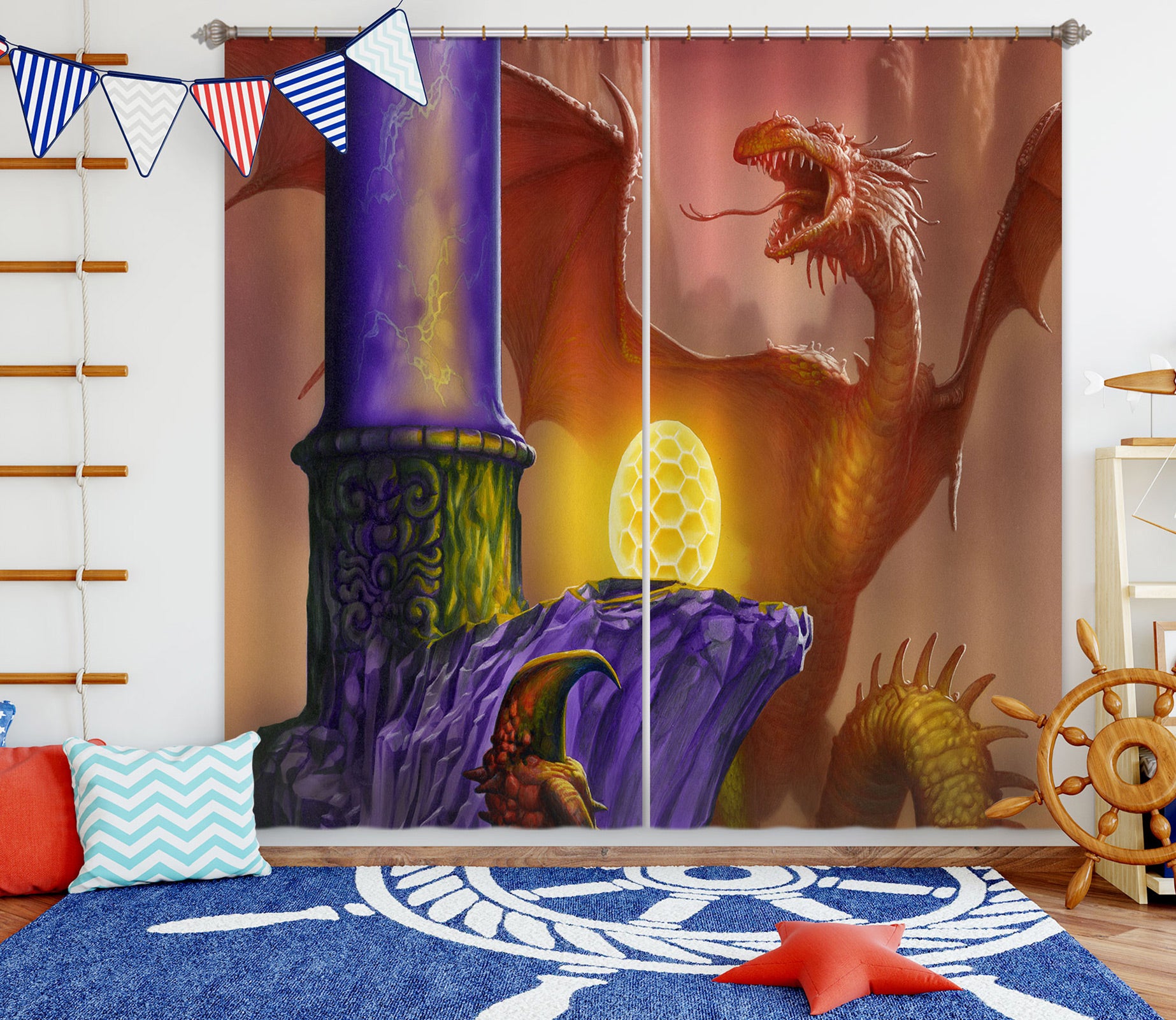 3D Red Dragon Golden Egg 7170 Ciruelo Curtain Curtains Drapes