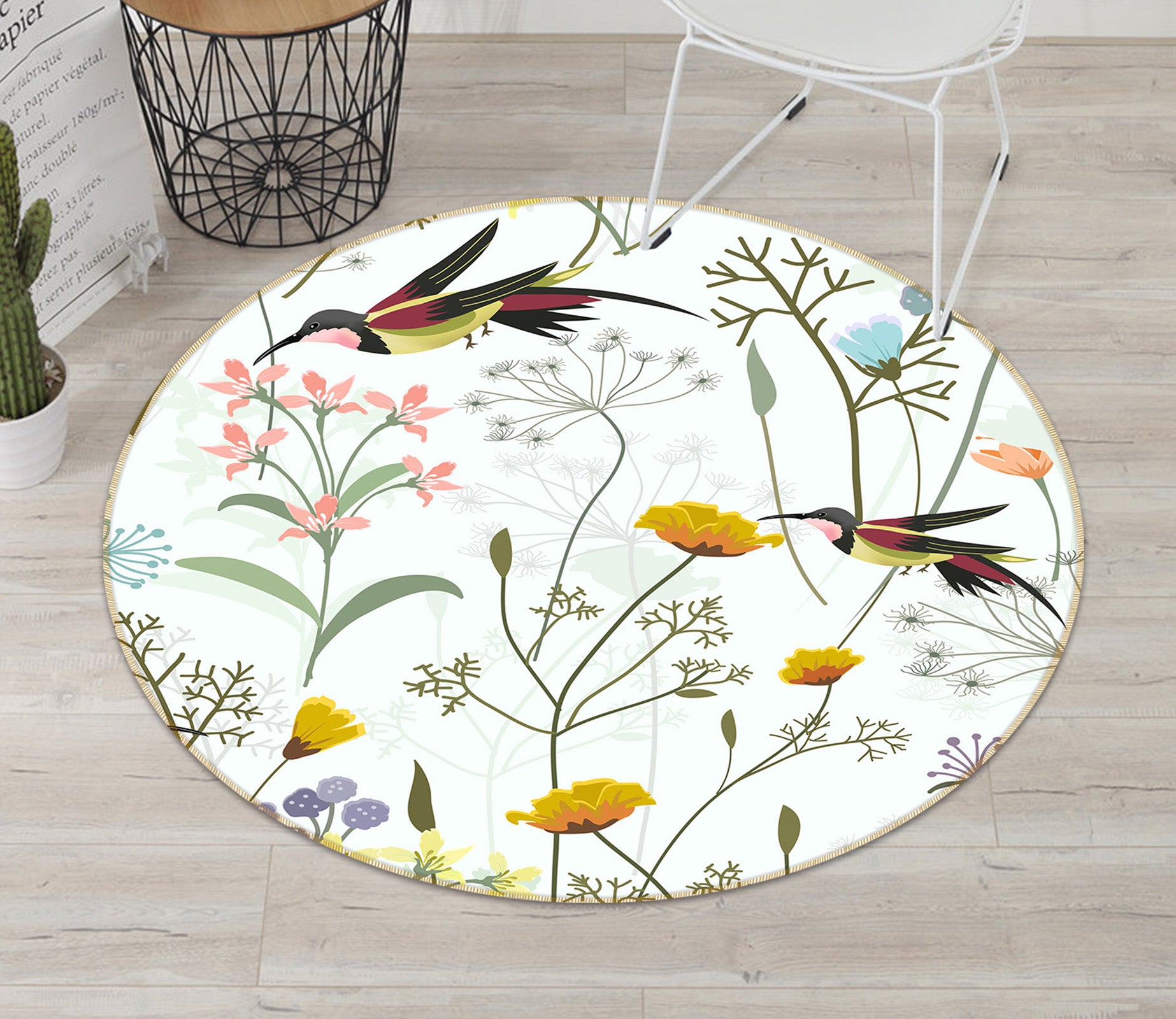3D Flower Branch Bird 71225 Round Non Slip Rug Mat