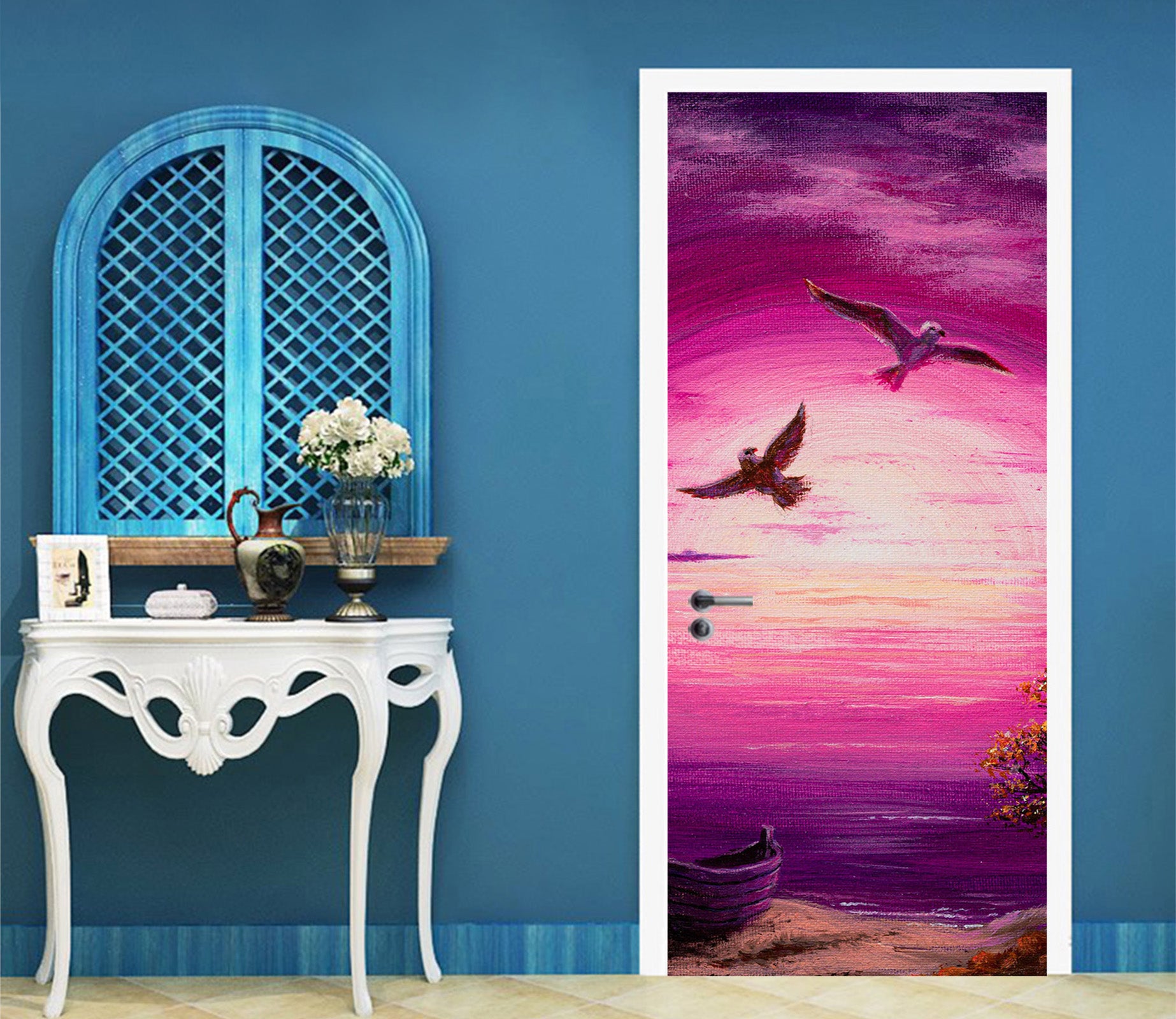 3D Pink Clouds Eagle 9438 Marina Zotova Door Mural