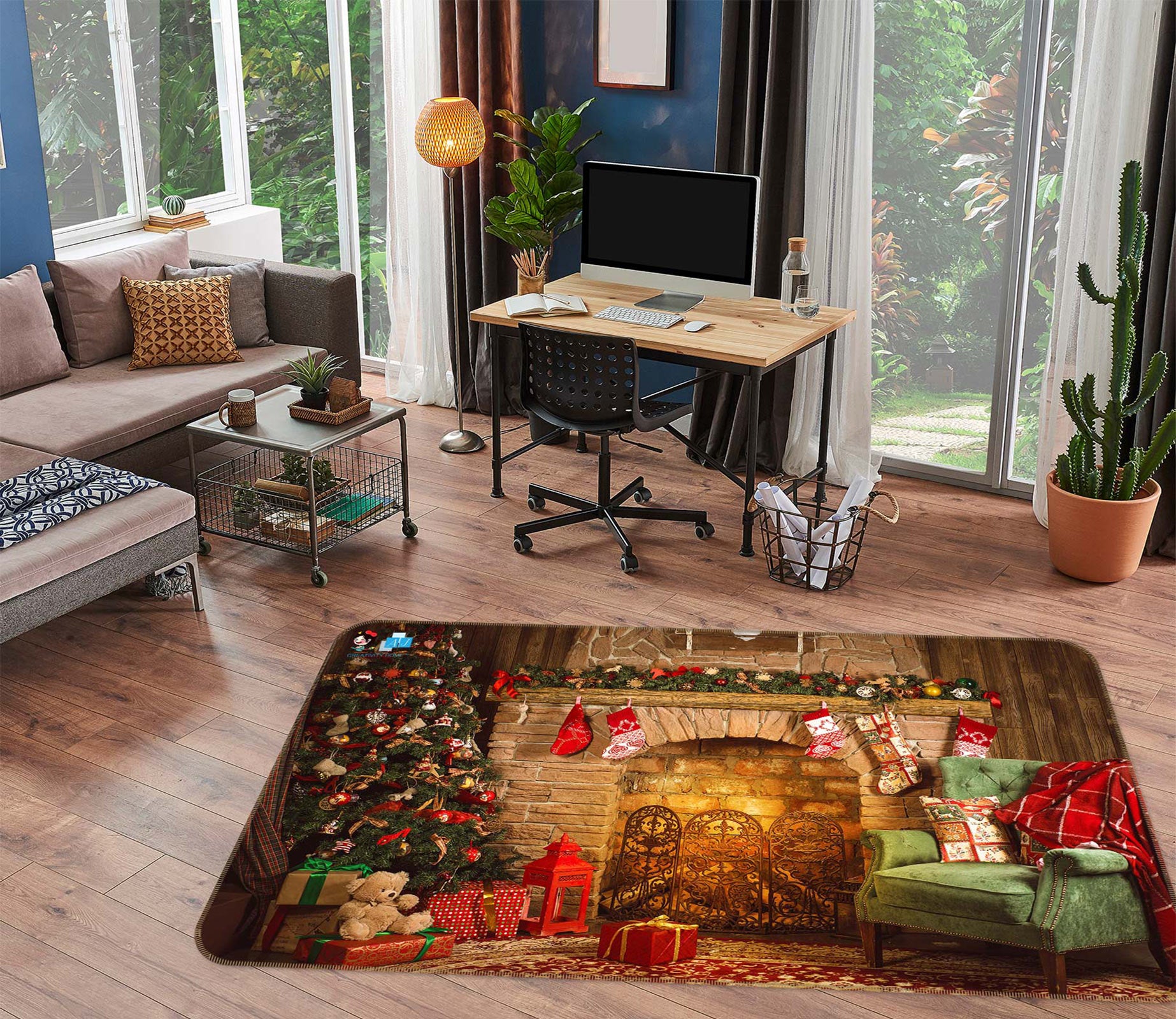 3D Fireplace Sofa 54235 Christmas Non Slip Rug Mat Xmas