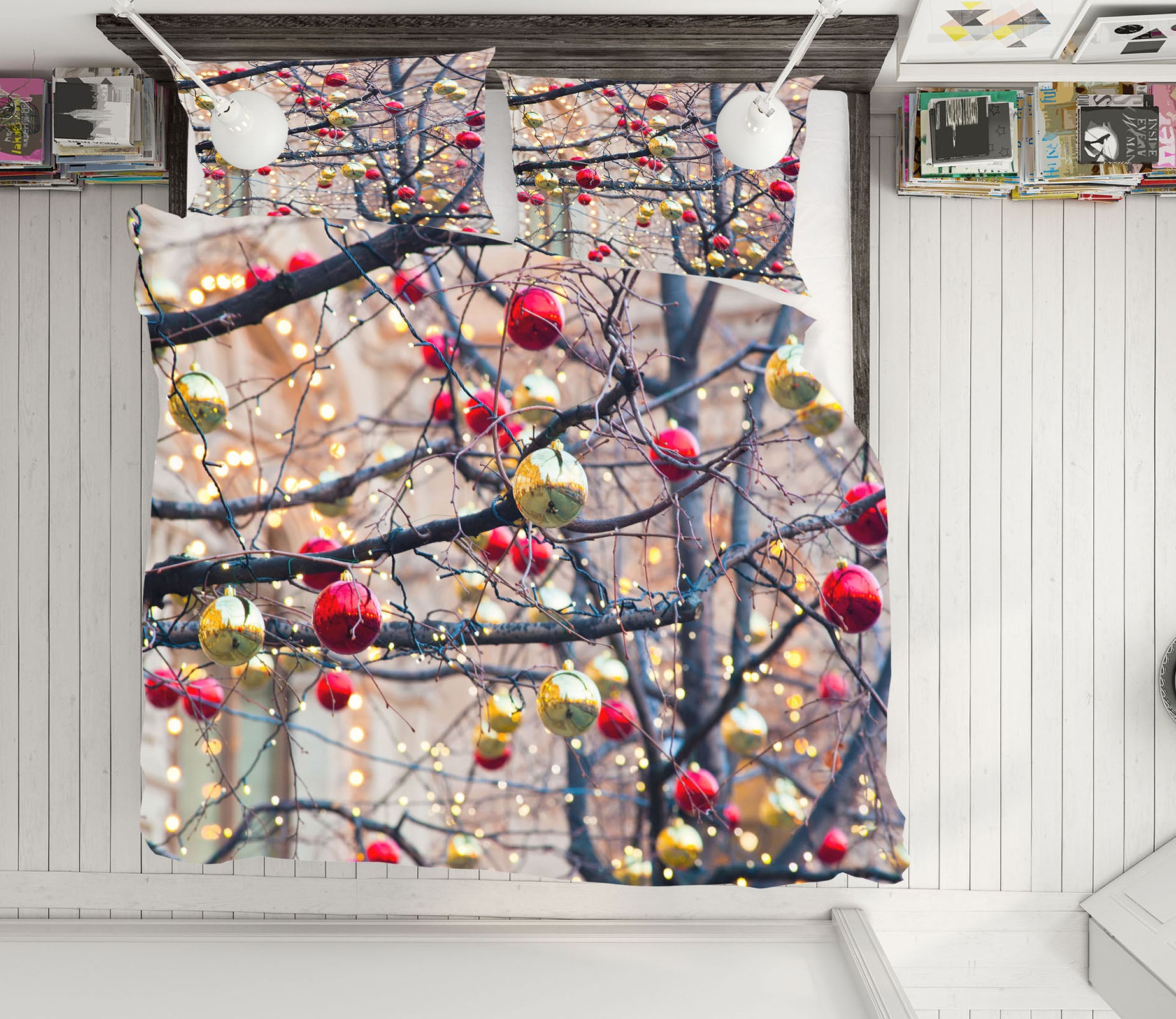 3D Branches Red Golden Ball 51099 Christmas Quilt Duvet Cover Xmas Bed Pillowcases