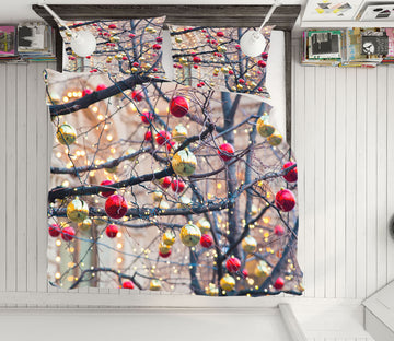 3D Branches Red Golden Ball 51099 Christmas Quilt Duvet Cover Xmas Bed Pillowcases