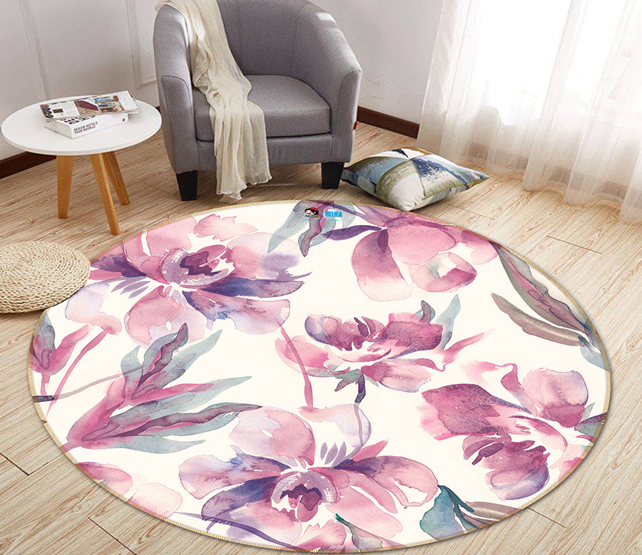 3D Purple Flowers 64161 Round Non Slip Rug Mat