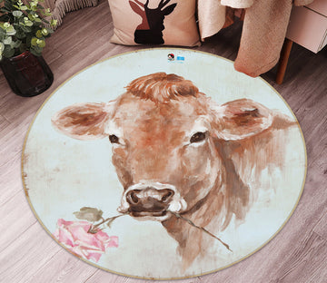 3D Cow With Flower 1150 Debi Coules Rug Round Non Slip Rug Mat