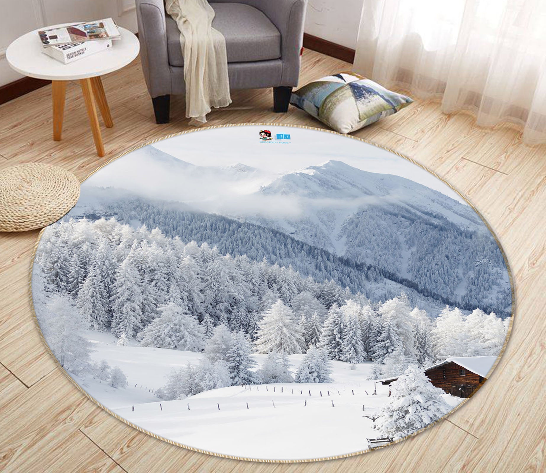 3D Snow Mountain Tree 69164 Round Non Slip Rug Mat