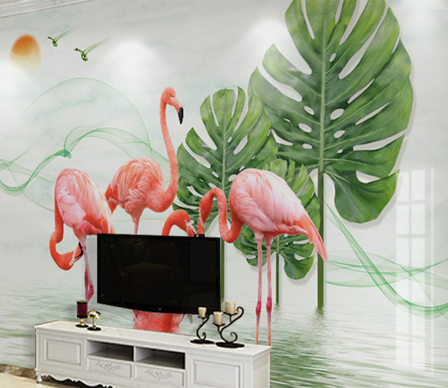 3D Flamingo Leaves WG239 Wall Murals