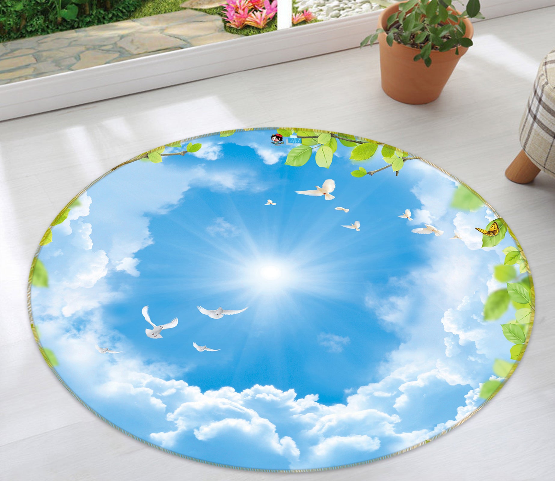 3D Blue Sky White Clouds 72277 Round Non Slip Rug Mat