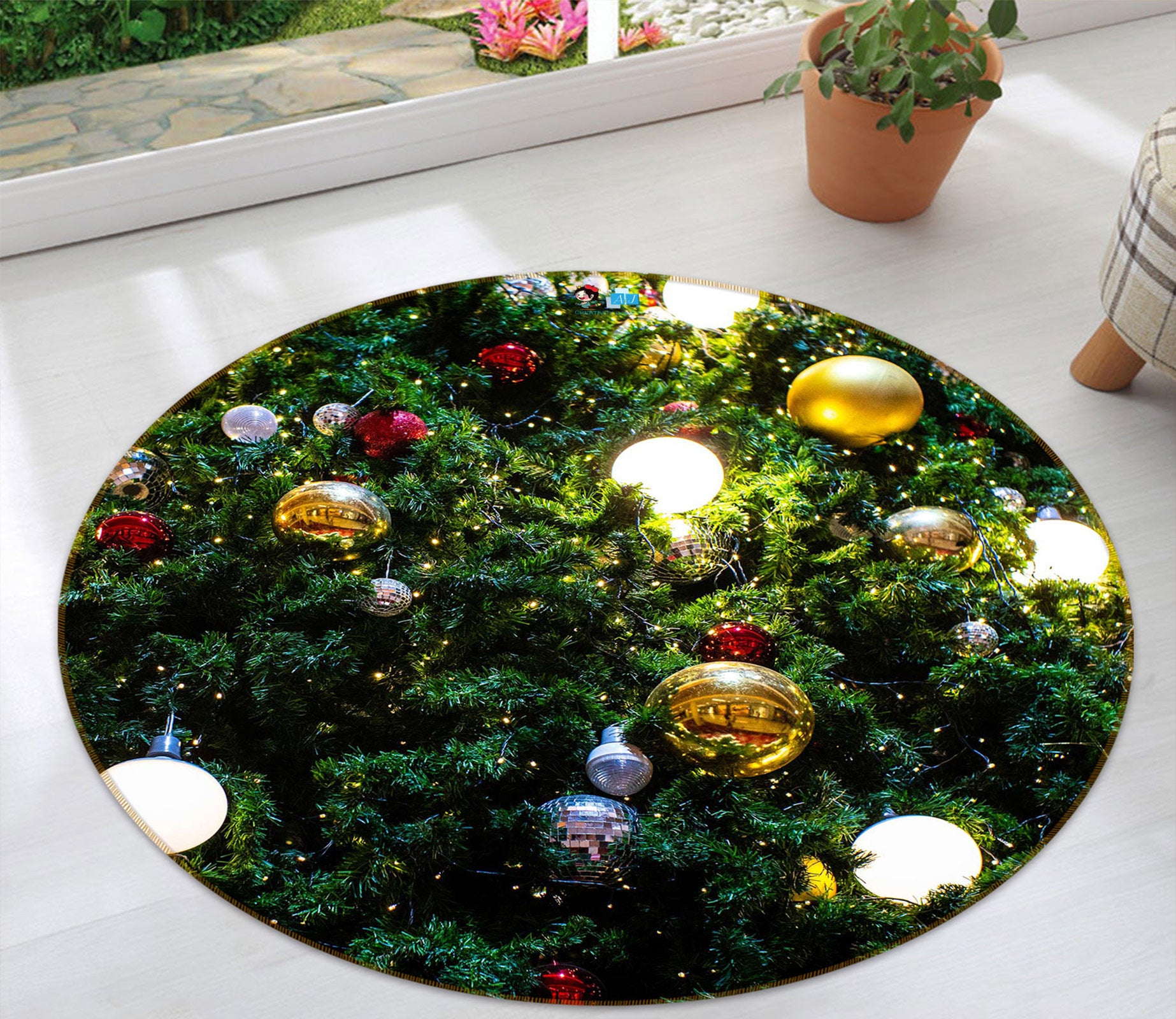 3D Tree Ball 54091 Christmas Round Non Slip Rug Mat Xmas