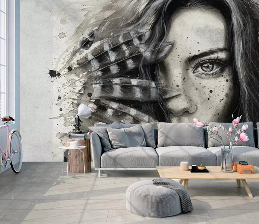 3D Woman Feather Fan WC666 Wall Murals