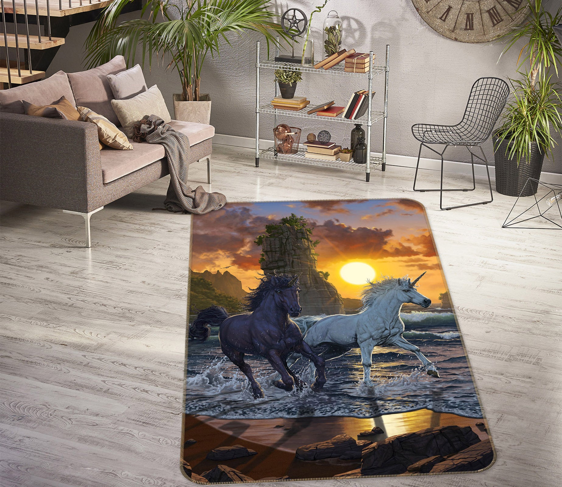 3D Seaside Black White Unicorn 84271 Vincent Hie Rug Non Slip Rug Mat