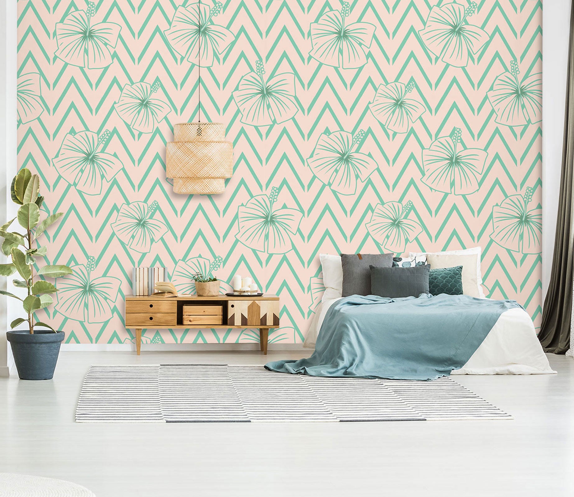 3D Green Line Flowers 98128 Kasumi Loffler Wall Mural Wall Murals